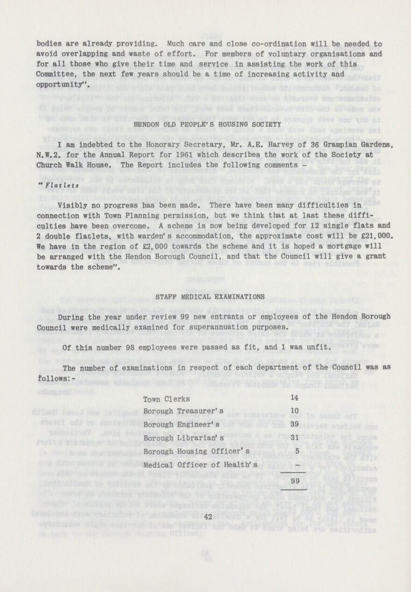 bodies are already providing. Much care and close co-ordination will be needed to avoid overlapping and waste of effort. For members of voluntary organisations and for all those who give their time and service in assisting the work of this Committee, the next few years should be a time of increasing activity and opportunity. HENDON OLD PEOPLE'S HOUSING SOCIETY I am indebted to the Honorary Secretary, Mr. A.E. Harvey of 36 Grampian Gardens, N.W.2. for the Annual Report for 1961 which describes the work of the Society at Church Walk House. The Report includes the following comments - Flatlets Visibly no progress has been made. There have been many difficulties in connection with Town Planning permission, but we think that at last these diffi culties have been overcome. A scheme is now being developed for 12 single flats and 2 double flatlets, with warden's accommodation, the approximate cost will be £21,000. We have in the region of £2,000 towards the scheme and it is hoped a mortgage will be arranged with the Hendon Borough Council, and that the Council will give a grant towards the scheme. STAFF MEDICAL EXAMINATIONS During the year under review 99 new entrants or employees of the Hendon Borough Council were medically examined for superannuation purposes. Of this number 98 employees were passed as fit, and 1 was unfit. The number of examinations in respect of each department of the Council was as follows:- Town CIerks 14 Borough Treasurer's 10 Borough Engineer's 39 Borough Librarian's 31 Borough Housing Officer's 5 Medical Officer of Health's - 99 42