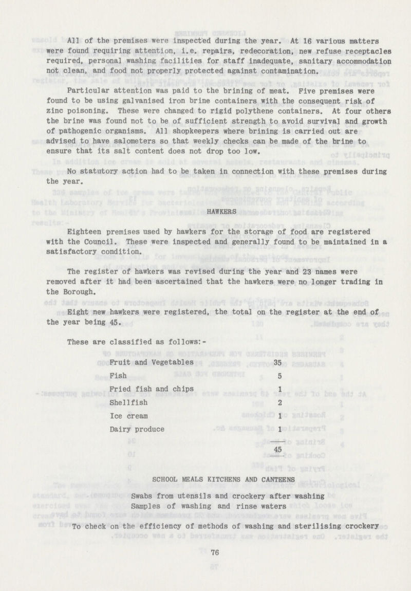 All of the premises were inspected during the year. At 16 various matters were found requiring attention, i.e. repairs, redecoration, new refuse receptacles required, personal washing facilities for staff inadequate, sanitary accommodation not clean, and food not properly protected against contamination. Particular attention was paid to the brining of meat. Five premises were found to be using galvanised iron brine containers with the consequent risk of zinc poisoning. These were changed to rigid polythene containers. At four others the brine was found not to be of sufficient strength to avoid survival and growth of pathogenic organisms. All shopkeepers where brining is carried out are advised to have salometers so that weekly checks can be made of the brine to ensure that its salt content does not drop too low. No statutory action had to be taken in connection with these premises during the year. HAWKERS Eighteen premises used by hawkers for the storage of food are registered with the Council. These were inspected and generally found to be maintained in a satisfactory condition. The register of hawkers was revised during the year and 23 names were removed after it had been ascertained that the hawkers were no longer trading in the Borough. Eight new hawkers were registered, the total on the register at the end of the year being 45. These are classified as follows:- Fruit and Vegetables 35 Fish 5 Fried fish and chips 1 Shellfish 2 Ice cream 1 Dairy produce 1 45 SCHOOL MEALS KITCHENS AND CANTEENS Swabs from utensils and crockery after washing Samples of washing and rinse waters To check on the efficiency of methods of washing and sterilising crockery 76