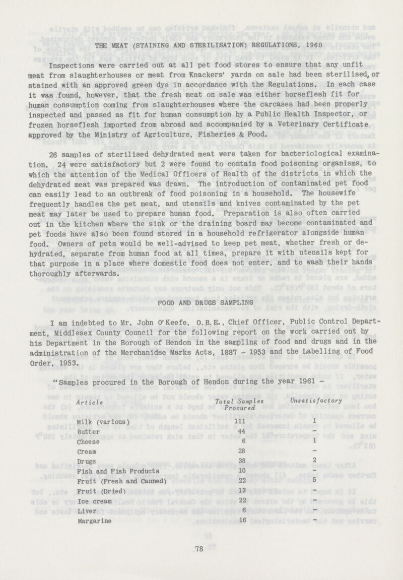 THE MEAT (STAINING AND STERILISATION) REGULATIONS, 1960 Inspections were carried out at all pet food stores to ensure that any unfit meat from slaughterhouses or meat from Knackers' yards on sale had been sterilised, or stained with an approved green dye in accordance with the Regulations. In each case it was found, however, that the fresh meat on sale was either horseflesh fit for human consumption coming from slaughterhouses where the carcases had been properly inspected and passed as fit for human consumption by a Public Health Inspector, or frozen horseflesh imported from abroad and accompanied by a Veterinary Certificate approved by the Ministry of Agriculture, Fisheries & Pood. 26 samples of sterilised dehydrated meat were taken for bacteriological examina tion. 24 were satisfactory but 2 were found to contain food poisoning organisms, to which the attention of the Medical Officers of Health of the districts in which the dehydrated meat was prepared was drawn. The introduction of contaminated pet food can easily lead to an outbreak of food poisoning in a household. The housewife frequently handles the pet meat, and utensils and knives contaminated by the pet meat may later be used to prepare human food. Preparation is also often carried out in the kitchen where the sink or the draining board may become contaminated and pet foods have also been found stored in a household refrigerator alongside human food. Owners of pets would be well-advised to keep pet meat, whether fresh or de hydrated, separate from human food at all times, prepare it with utensils kept for that purpose in a place where domestic food does not enter, and to wash their hands thoroughly afterwards. I am indebted to Mr. John O' Keefe, O.B.E., Chief Officer, Public Control Depart ment, Middlesex County Council for the following report on the work carried out by his Department in the Borough of Hendon in the sampling of food and drugs and in the administration of the Merchanidse Marks Acts, 1887 - 1953 and the Labelling of Food Order, 1953. POOD AND DRUGS SAMPLING Samples procured in the Borough of Hendon during the year 1961 - Article Total Samples Procured Unsatisfactory Milk (various) 111 1 Butter 44 - Cheese 6 1 Cream 28 - Drugs 38 2 Fish and Fish Products 10 - Fruit (Fresh and Canned) 22 5 Fruit (Dried) 13 - Ice cream 22 - Liver 6 - Margarine 16 - 78
