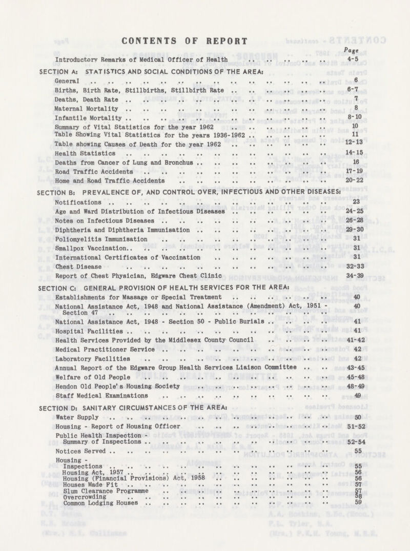 CONTENTS OF REPORT Page Introductory Remarks of Medical Officer of Health 4-5 SECTION As STATISTICS AND SOCIAL CONDITIONS OF THE AREA: General 6 Births, Birth Rate, Stillbirths, Stillbirth Rate 6-7 Deaths, Death Rate 7 Maternal Mortality 8 Infantile Mortality 8-10 Summary of Vital Statistics for the year 1962 10 Table Showing Vital Statistics for the years 1936-1962 11 Table showing Causes of Death for the year 1962 12-13 Health Statistics 14-15 Deaths from Cancer of Lung and Bronchus 16 Road Traffic Accidents 17-19 Home and Road Traffic Accidents 20-22 SECTION B: PREVALENCE OF, AND CONTROL OVER, INFECTIOUS AND OTHER DISEASES: Notifications 23 Age and Ward Distribution of Infectious Diseases 24-25 Notes on Infectious Diseases 26-28 Diphtheria and Diphtheria Immunisation 29-30 Poliomyelitis Immunisation 31 Smallpox Vaccination 31 International Certificates of Vaccination 31 Chest Disease 32-33 Report of Chest Physician, Edgware Chest Clinic 34-39 SECTION C: GENERAL PROVISION OF HEALTH SERVICES FOR THE AREA: Establishments for Massage or Special Treatment 40 National Assistance Act, 1948 and National Assistance (Amendment) Act, 1951 - 40 Section 47 National Assistance Act, 1948 - Section 50 - Public Burials 41 Hospital Facilities 41 Health Services Provided by the Middlesex County Council 41-42 Medical Practitioner Service 42 Laboratory Facilities 42 Annual Report of the Edgware Group Health Services Liaison Committee 43-45 Welfare of Old People 45-48 Hendon Old People's Housing Society 48-49 Staff Medical Examinations 49 SECTION D: SANITARY CIRCUMSTANCES OF THE AREA: Water Supply 50 Housing - Report of Housing Officer 51-52 Public Health Inspection - Summary of Inspections 52-54 Notices Served 55 Housing - Inspections 55 Housing Act, 1957 56 Housing (Financial Provisions) Act, 1958 56 Houses Made Fit 57 Slum Clearance Programme 57 Overcrowding 58 Common Lodging Houses 59