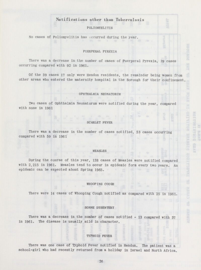 Notifications other than Tuberculosis POLIOMYELITIS No cases of Poliomyelitis has occurred during the year. PUERPERAL PYREXIA There was a decrease in the number of cases of Puerperal Pyrexia, 39 cases occurring compared with 92 in 1961. Of the 39 cases 17 only were Hendon residents, the remainder being women from other areas who entered the maternity hospital in the Borough for their confinement. OPHTHALMIA NEONATORUM Two cases of Ophthalmia Neonatorum were notified during the year, compared with none in 1961 SCARLET FEVER There was a decrease in the number of cases notified, 53 cases occurring compared with 59 in 1961 MEASLES During the course of this year, 138 cases of Measles were notified compared with 2,215 in 1961. Measles tend to occur in epidemic form every two years. An epidemic can be expected about Spring 1965. WHOOPING COUGH There were 14 cases of Whooping Cough notified as compared with 25 in 1961. SONNE DYSENTERY There was a decrease in the number of cases notified - 13 compared with 37 in 1961. The disease is usually mild in character. TYPHOID FEVER There was one case of Typhoid Fever notified in Hendon. The patient was a school-girl who had recently returned from a holiday in Israel and North Africa. 26