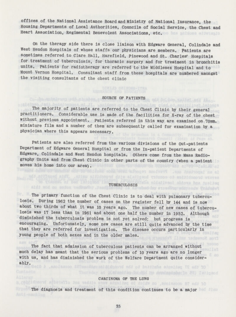 offices of the National Assistance Board and Ministry of National Insurance, the Housing Departments of Local Authorities, Councils of Social Service, the Chest and Heart Association, Regimental Benevolent Associations, etc. On the therapy side there is close liaison with Edgware General, Colindale and West Hendon Hospitals of whose staffs our physicians are members. Patients are sometimes referred to Clare Hall, Harefield, Pinewood and St. Charles' Hospitals for treatment of tuberculosis, for thoracic surgery and for treatment in bronchitis units. Patients for radiotherapy are referred to the Middlesex Hospital and to Mount Vernon Hospital. Consultant staff from these hospitals are numbered amongst the visiting consultants of the chest clinic SOURCE OP PATIENTS The majority of patients are referred to the Chest Clinic by their general practitioners. Considerable use is made of the facilities for X-ray of the chest without previous appointment. patients referred in this way are examined on 70mm. miniature film and a number of them are subsequently called for examination by a physician where this appears necessary. Patients are also referred from the various divisions of the Out-patients Department of Edgware General Hospital or from the In-patient Departments of Edgware, Colindale and West Hendon hospitals. Others come from the Mass Radio graphy Units and from Chest Clinic in other parts of the country (when a patient moves his home into our area). TUBERCULOSIS The primary function of the Chest Clinic is to deal with pulmonary tubercu losis. During 1962 the number of cases on the register fell by 144 and is now about two thirds of what it was 10 years ago. The number of new cases of tubercu losis was 17 less than in 1961 and about one half the number in 1952. Although diminished the tuberculosis problem is not yet solved; but progress is encouraging. Unfortunately, some new cases are still quite advanced by the time that they are referred for investigation. The disease occurs particularly in young people of both sexes and in the older males. The fact that admission of tuberculous patients can be arranged without much delay has meant that the serious problems of 10 years ago are no longer with us, and has diminished the work of the Welfare Department quite consider ably. CARCINOMA OF THE LUNG The diagnosis and treatment of this condition continues to be a major 35