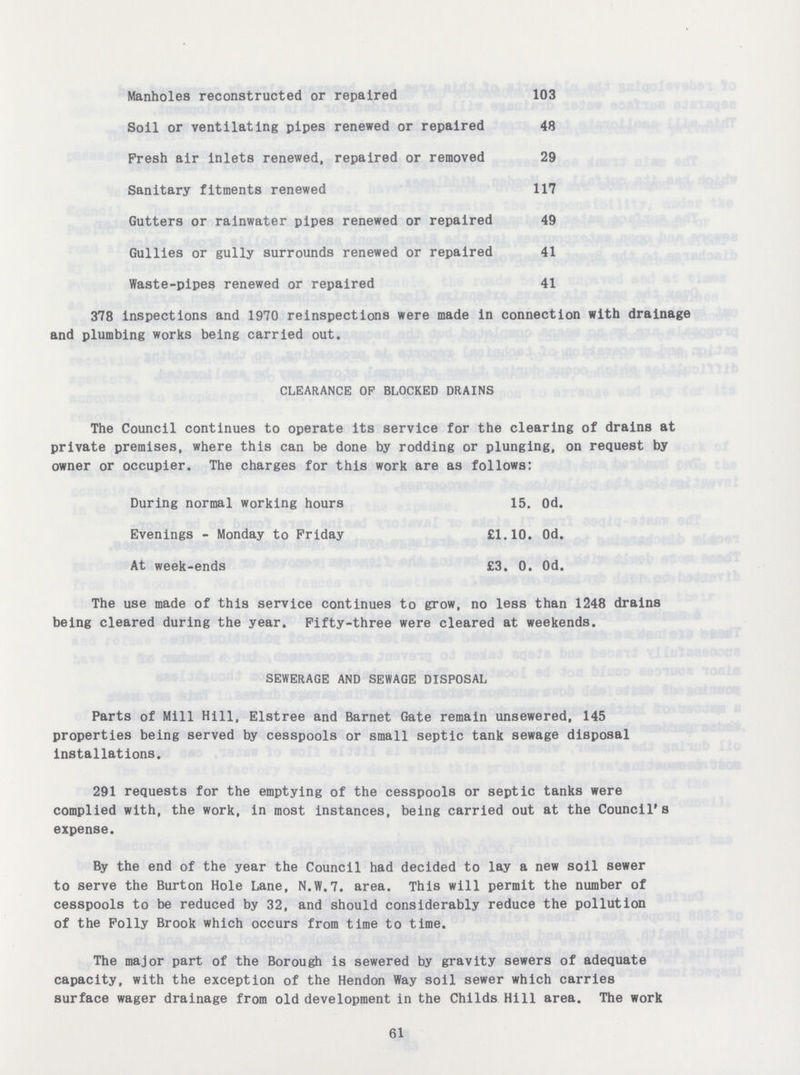 Manholes reconstructed or repaired 103 Soil or ventilating pipes renewed or repaired 48 Fresh air inlets renewed, repaired or removed 29 Sanitary fitments renewed 117 Gutters or rainwater pipes renewed or repaired 49 Gullies or gully surrounds renewed or repaired 41 Waste-pipes renewed or repaired 41 378 inspections and 1970 reinspections were made in connection with drainage and plumbing works being carried out. CLEARANCE OP BLOCKED DRAINS The Council continues to operate its service for the clearing of drains at private premises, where this can be done by rodding or plunging, on request by owner or occupier. The charges for this work are as follows: During normal working hours 15. 0d. Evenings - Monday to Friday £1.10. 0d. At week-ends £3. 0. 0d. The use made of this service continues to grow, no less than 1248 drains being cleared during the year. Fifty-three were cleared at weekends. SEWERAGE AND SEWAGE DISPOSAL Parts of Mill Hill, Elstree and Barnet Gate remain unsewered, 145 properties being served by cesspools or small septic tank sewage disposal installations. 291 requests for the emptying of the cesspools or septic tanks were complied with, the work, in most instances, being carried out at the Council's expense. By the end of the year the Council had decided to lay a new soil sewer to serve the Burton Hole Lane, N.W.7. area. This will permit the number of cesspools to be reduced by 32, and should considerably reduce the pollution of the Folly Brook which occurs from time to time. The major part of the Borough is sewered by gravity sewers of adequate capacity, with the exception of the Hendon Way soil sewer which carries surface wager drainage from old development in the Childs Hill area. The work 61