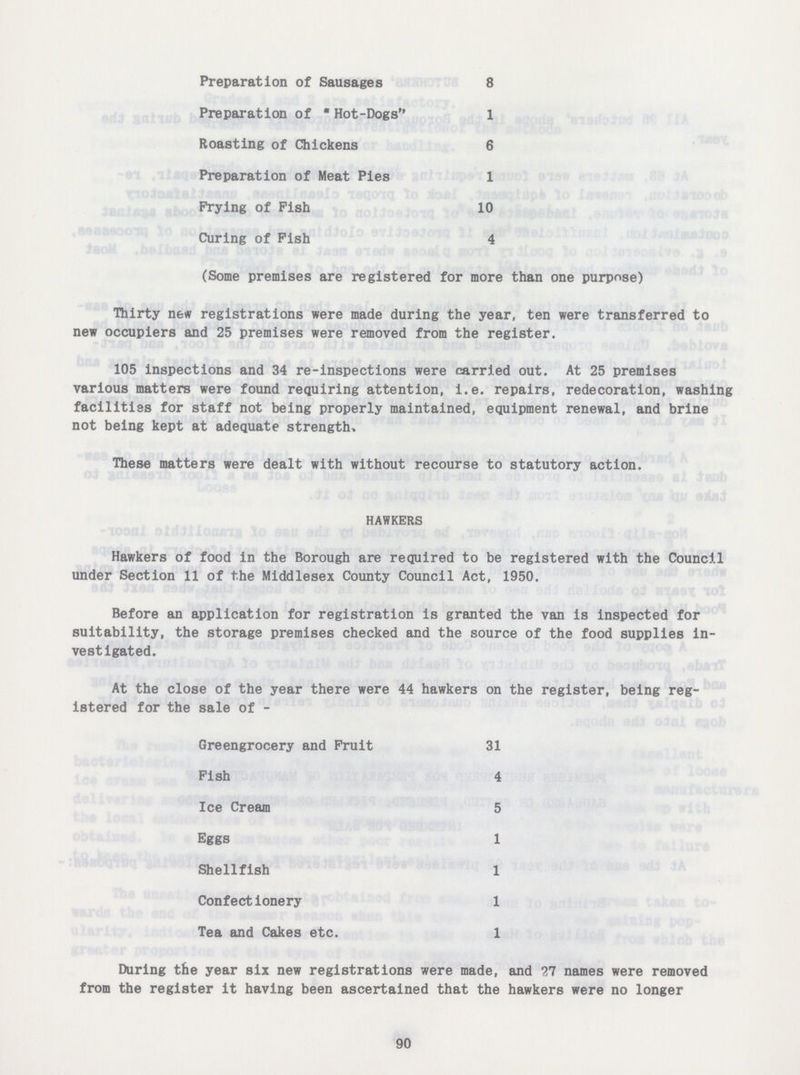 Preparation of Sausages 8 Preparation of  Hot-Dogs 1 Roasting of Chickens 6 Preparation of Meat Pies 1 Frying of Fish 10 Curing of Fish 4 (Some premises are registered for more than one purpose) Thirty new registrations were made during the year, ten were transferred to new occupiers and 25 premises were removed from the register. 105 inspections and 34 re-inspections were carried out. At 25 premises various matters were found requiring attention, i.e. repairs, redecoration, washing facilities for staff not being properly maintained, equipment renewal, and brine not being kept at adequate strength. These matters were dealt with without recourse to statutory action. HAWKERS Hawkers of food in the Borough are required to be registered with the Council under Section 11 of the Middlesex County Council Act, 1950. Before an application for registration is granted the van is inspected for suitability, the storage premises checked and the source of the food supplies in vestigated. At the close of the year there were 44 hawkers on the register, being reg istered for the sale of - Greengrocery and Fruit 31 Fish 4 Ice Cream 5 Eggs 1 Shellfish 1 Confectionery 1 Tea and Cakes etc. 1 During the year six new registrations were made, and 27 names were removed from the register it having been ascertained that the hawkers were no longer 90