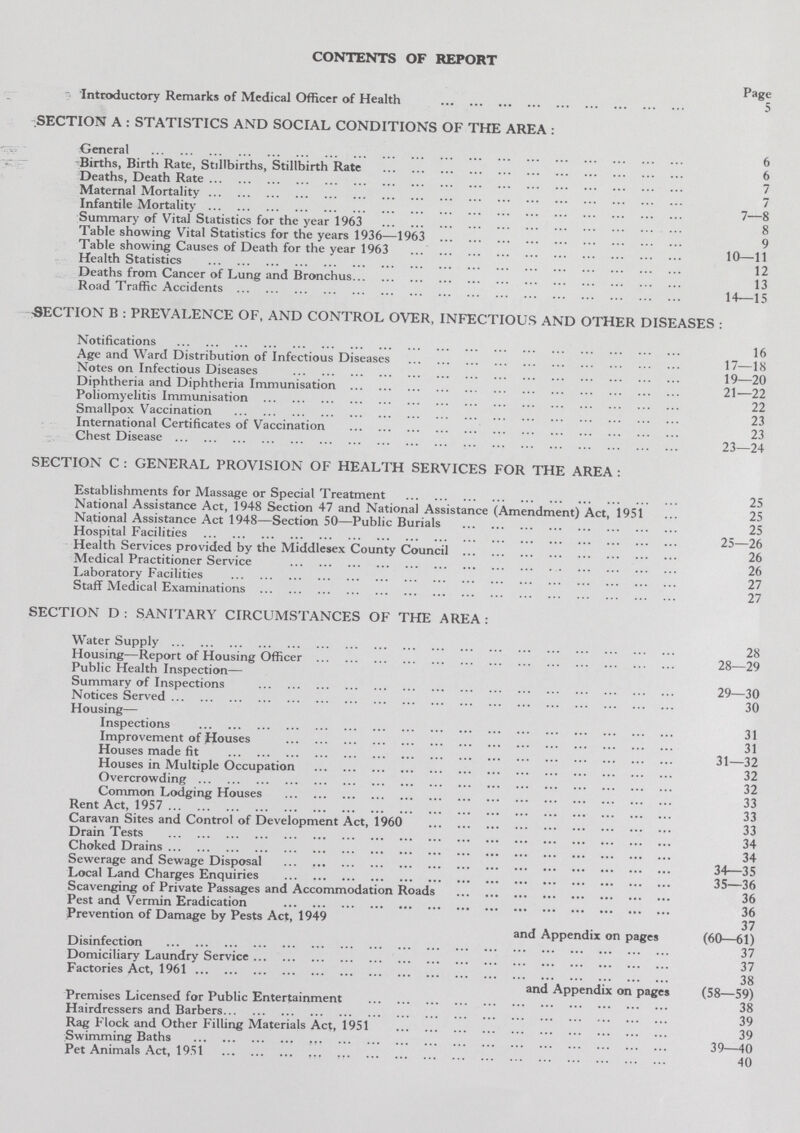 CONTENTS OF REPORT Page Introductory Remarks of Medical Officer of Health 5 SECTION A : STATISTICS AND SOCIAL CONDITIONS OF THE AREA: General 6 Births, Birth Rate, Stillbirths, Stillbirth Rate 6 Deaths, Death Rate 7 Maternal Mortality 7 Infantile Mortality 7—8 Summary of Vital Statistics for the year 1963 8 Table showing Vital Statistics for the years 1936—1963 9 Table showing Causes of Death for the year 1963 10—11 Health Statistics 12 Deaths from Cancer of Lung and Bronchus 13 Road Traffic Accidents 14—15 SECTION B : PREVALENCE OF, AND CONTROL OVER, INFECTIOUS AND OTHER DISEASES: Notifications 16 Age and Ward Distribution of Infectious Diseases 17—18 Notes on Infectious Diseases 19—20 Diphtheria and Diphtheria Immunisation 21—22 Poliomyelitis Immunisation 22 Smallpox Vaccination 23 International Certificates of Vaccination 23 Chest Disease 23—24 SECTION C : GENERAL PROVISION OF HEALTH SERVICES FOR THE AREA: Establishments for Massage or Special Treatment 25 National Assistance Act, 1948 Section 47 and National Assistance (Amendment) Act, 1951 25 National Assistance Act 1948—Section 50—Public Burials 25 Hospital Facilities 25—26 Health Services provided by the Middlesex County Council 26 Medical Practitioner Service 26 Laboratory Facilities 27 Staff Medical Examinations 27 SECTION D : SANITARY CIRCUMSTANCES OF THE AREA: Water Supply 28 Housing—Report of Housing Officer 28—29 Public Health Inspection— Summary of Inspections 29—30 Notices Served 30 Housing— Inspections 31 Improvement of Houses 31 Houses made fit 31—32 Houses in Multiple Occupation 32 Overcrowding 32 Common Lodging Houses 33 Rent Act, 1957 33 Caravan Sites and Control of Development Act, 1960 33 Drain Tests 34 Choked Drains 34 Sewerage and Sewage Disposal 34—35 Local Land Charges Enquiries 35—36 Scavenging of Private Passages and Accommodation Roads 36 Pest and Vermin Eradication 36 Prevention of Damage by Pests Act, 1949 37 and Appendix on pages (60—61) Disinfection 37 Domiciliary Laundry Service 37 Factories Act, 1961 38 and Appendix on pages (58—59) Premises Licensed for Public Entertainment 38 Hairdressers and Barbers 39 Rag Flock and Other Filling Materials Act, 1951 39 Swimming Baths 39—40 Pet Animals Act, 1951 40