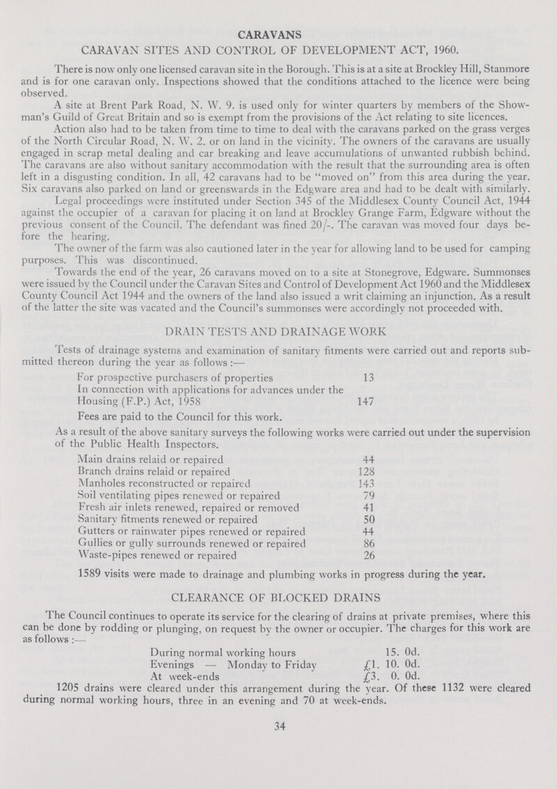 CARAVANS CARAVAN SITES AND CONTROL OF DEVELOPMENT ACT, 1960. There is now only one licensed caravan site in the Borough. This is at a site at Brockley Hill, Stanmore and is for one caravan only. Inspections showed that the conditions attached to the licence were being observed. A site at Brent Park Road. N. W. 9. is used only for winter quarters by members of the Show man's Guild of Great Britain and so is exempt from the provisions of the Act relating to site licences. Action also had to be taken from time to time to deal with the caravans parked on the grass verges of the North Circular Road, N. W. 2. or on land in the vicinity. The owners of the caravans are usually engaged in scrap metal dealing and car breaking and leave accumulations of unwanted rubbish behind. The caravans are also without sanitary accommodation with the result that the surrounding area is often left in a disgusting condition. In all, 42 caravans had to be moved on from this area during the year. Six caravans also parked on land or greenswards in the Edgware area and had to be dealt with similarly. Legal proceedings were instituted under Section 345 of the Middlesex County Council Act, 1944 against the occupier of a caravan for placing it on land at Brockley Grange Farm, Edgware without the previous consent of the Council. The defendant was fined 20/-. The caravan was moved four days be fore the hearing. The owner of the farm was also cautioned later in the year for allowing land to be used for camping purposes. This was discontinued. Towards the end of the year, 26 caravans moved on to a site at Stonegrove, Edgware. Summonses were issued by the Council under the Caravan Sites and Control of Development Act 1960 and the Middlesex County Council Act 1944 and the owners of the land also issued a writ claiming an injunction. As a result of the latter the site was vacated and the Council's summonses were accordingly not proceeded with. DRAIN TESTS AND DRAINAGE WORK Tests of drainage systems and examination of sanitary fitments were carried out and reports sub mitted thereon during the year as follows:— For prospective purchasers of properties 13 In connection with applications for advances under the Housing (F.P.) Act, 1958 147 Fees are paid to the Council for this work. As a result of the above sanitary surveys the following works were carried out under the supervision of the Public Health Inspectors. Main drains relaid or repaired 44 Branch drains relaid or repaired 128 Manholes reconstructed or repaired 143 Soil ventilating pipes renewed or repaired 79 Fresh air inlets renewed, repaired or removed 41 Sanitary fitments renewed or repaired 50 Gutters or rainwater pipes renewed or repaired 44 Gullies or gully surrounds renewed or repaired 86 Waste-pipes renewed or repaired 26 1589 visits were made to drainage and plumbing works in progress during the year. CLEARANCE OF BLOCKED DRAINS The Council continues to operate its service for the clearing of drains at private premises, where this can be done by rodding or plunging, on request by the owner or occupier. The charges for this work are as follows:— During normal working hours 15. 0d. Evenings — Monday to Friday £1. 10. 0d. At week-ends £3. 0. 0d. 1205 drains were cleared under this arrangement during the year. Of these 1132 were cleared during normal working hours, three in an evening and 70 at week-ends. 34