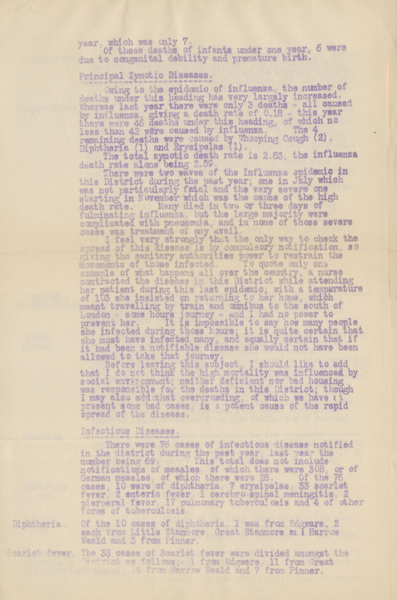 year which was only 7. Of these deaths of infants under one year. 6 were due to congenital debility and premature birth. Principal Zymotic Diseases. Owing to the epidemic of influenza, the number of deaths under this heading has very largely increased. Whereat last year there were only 3 deaths - all caused by influenza, giving a death rate of' 0.18 - this year there were 46 deaths under this heading, of which no less than 42 were caused by influenza. The 4 remaining deaths were caused by whooping Cough (2). Diphtheria (1) and Erysipelas (1). The total zymotic death rate is2.83. the influenza death rate alone being 2.59. There were two waves of the Influenza epidemic in this District during the pant year; one in July which was not particularly fatal and the very severe one starting in November which was the cause of the high death rate. Many died in two or three days of fulminating influenza but the large majority were complicated with pneumonia and in none of those severs cases was treatment of any avail. I feel very strongly that the only way to check the spread of this disease is by compulsory notification, so giving the sanitary authorities power to restrain the movements of those infected. To quote only one example of what happens all over the country, a nurse contracted the disease in this District while attending her patient during this last epidemic; with a temperature of 103 she insisted on returning to her home. which meant travelling by train and omnibus to the south of London some hours journey - and I had no power to prevent her It la impossible to say how many people she infected during those hours: it is quite certain that she must have infected many. and equally certain that if it had been a notifiable disease she would not have been allowed to take that journey. Befors leaving this subject. I should like to add that I do net think the high mortality was influenced by social enviorment: neither deficient nor bad housing was responsible for the deaths in this District; though I may also add that overcrowding of which we have ?? present seme bed cases is a potent cause of the rapid spread of the disease. Infectious Diseases. There were 76 cases of infectious disease notified in the district during the past year last -year the number being 69. This total does not include notifications of measles of which there were 308, or of German measles of which there were 28, Of the 76 cases, 10 were of diphtheria, 7 erysipelas, 33 scarlet fever, 2 enteric fever, 1 cerebro spinal meningitis, 2 puerperal fever, 17 pulmonary tuberculosis and 4 of other forms of tuberculosis. Diphtheria. Of the 10 cases of diphtheria 1 was from Edgware. 2 each from Little Stanmore Great Stanmore and Harrow Weald and 3 from Pinner. Scarlet fever. The 33 cases ot Scarlet fever were divided amongst the District as follows:- 1 from Edgware 11 from Great ??? harrow weald and 7 from Pinner.
