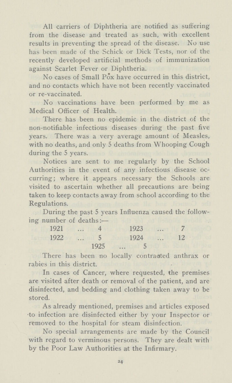All carriers of Diphtheria are notified as suffering from the disease and treated as such, with excellent results in preventing the spread of the disease. No use has been made of the Schick or Dick Tests, nor of the recently developed artificial methods of immunization against Scarlet Fever or Diphtheria. No cases of Small Pox have occurred in this district, and no contacts which have not been recently vaccinated or re-vaccinated. No vaccinations have been performed by me as Medical Officer of Health. There has been no epidemic in the district of the non-notifiable infectious diseases during the past five years. There was a very average amount of Measles, with no deaths, and only 5 deaths from Whooping Cough during the 5 years. Notices are sent to me regularly by the School Authorities in the event of any infectious disease oc curring; where it appears necessary the Schools are visited to ascertain whether all precautions are being taken to keep contacts away from school according to the Regulations. During the past 5 years Influenza caused the follow ing number of deaths:— 1921 4 1923 7 1922 5 1924 12 1925 5 There has been no locally contraated anthrax or rabies in this district. In cases of Cancer, where requested, the premises are visited after death or removal of the patient, and are disinfected, and bedding and clothing taken away to be stored. As already mentioned, premises and articles exposed to infection are disinfected either by your Inspector or removed to the hospital for steam disinfection. No special arrangements are made by the Council with regard to verminous persons. They are dealt with by the Poor Law Authorities at the Infirmary. 24
