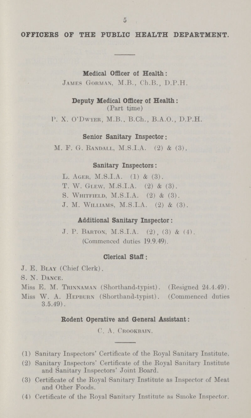 5 OFFICERS OF THE PUBLIC HEALTH DEPARTMENT. Medical Officer of Health: James Gorman, M.B., C'h.B., D.P.H. Deputy Medical Officer of Health: (Part time) P. X. O'Dwyer, M.B.. B.Ch., B.A.O., D.P.H. Senior Sanitary Inspector: M. F. G. Randall, M.S.I.A. (2) & (3). Sanitary Inspectors: L. Acer, M.S.I.A. (1) & (3). T. W. Glew, M.iS.I.A. (2) & (3). S. Whitfield, M.S.I.A. (2) & (3). J. M. Williams, M.S.I.A. (2) & (3). Additional Sanitary Inspector: J. P. Barton, M.S.I.A. (2), (3) & (4). (Commenced duties 19.9.49). Clerical Staff: J. E. Blay (Chief Clerk). S. N. Dance. Miss E. M. Trinnaman (Shorthand-typist). (Resigned 24.4.49). Miss W. A. Hepburn (Shorthand-typist). (Commenced duties 3.5.49). Rodent Operative and General Assistant: C. A. Crookbain. (1) Sanitary Inspectors' Certificate of the Royal Sanitary Institute. (2) Sanitary Inspectors' Certificate of the Royal Sanitary Institute and Sanitary Inspectors' Joint Board. (3) Certificate of the Royal Sanitary Institute as Inspector of Meat and Other Foods. (4) Certificate of the Royal Sanitary Institute as Smoke Inspector,