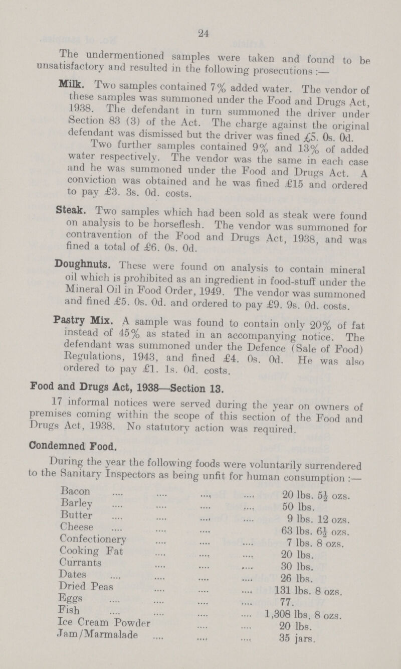 24 The undermentioned samples were taken and found to be unsatisfactory and resulted in the following prosecutions :– Milk. Two samples contained 7% added water. The vendor of these samples was summoned under the Food and Drugs Act, 1938. The defendant in turn summoned the driver under Section 83 (3) of the Act. The charge against the original defendant was dismissed but the driver was fined £5. 0s. Od. Two further samples contained 9% and 13% of added water respectively. The vendor was the same in each case and he was summoned under the Food and Drugs Act. A conviction was obtained and he was fined £15 and ordered to pay £3. 3s. 0d. costs. Steak. Two samples which had been sold as steak were found on analysis to be horseflesh. The vendor was summoned for contravention of the Food and Drugs Act, 1938, and was fined a total of £6. 0s. 0d. Doughnuts. These were found on analysis to contain mineral oil which is prohibited as an ingredient in food-stuff under the Mineral Oil in Food Order, 1949. The vendor was summoned and fined £5. 0s. 0d. and ordered to pay £9. 9s. 0d. costs. Pastry Mix. A sample was found to contain only 20% of fat instead of 45% as stated in an accompanying notice. The defendant was summoned under the Defence (Sale of Food) Regulations, 1943, and fined £4. 0s. 0d. He was also ordered to pay £1. 1s. Od. costs. Food and Drugs Act, 1938–Section 13. 17 informal notices were served during the year on owners of premises coming within the scope of this section of the Food and Drugs Act, 1938. No statutory action was required. Condemned Food. During the year the following foods were voluntarily surrendered to the Sanitary Inspectors as being unfit for human consumption:– Bacon 20 lbs. 5½ ozs. Barley 50 lbs. Butter 9 lbs. 12 ozs. Cheese 63 lbs. 6½ ozs. Confectionery 7 lbs. 8 ozs. Cooking Fat 20 lbs. Currants 30 lbs. Dates 26 lbs. Dried Peas 131 lbs. 8 ozs. Eggs 77. Fish 1,308 lbs. 8 ozs. Ice Cream Powder 20 lbs. Jam/Marmalade 35 jars.