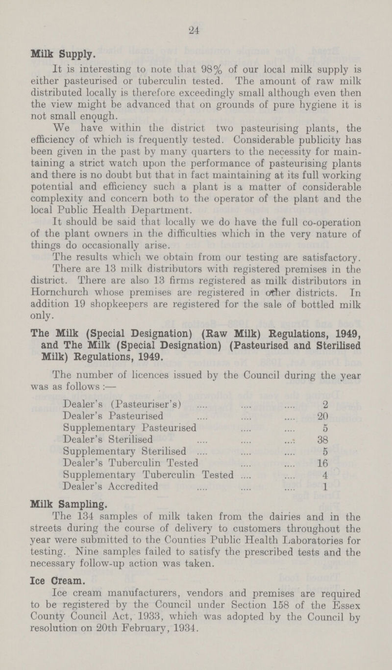 24 Milk Supply. It is interesting to note that 98% of our local milk supply is either pasteurised or tuberculin tested. The amount of raw milk distributed locally is therefore exceedingly small although even then the view might be advanced that on grounds of pure hygiene it is not small enough. We have within the district two pasteurising plants, the efficiency of which is frequently tested. Considerable publicity has been given in the past by many quarters to the necessity for main taining a strict watch upon the performance of pasteurising plants and there is no doubt but that in fact maintaining at its full working potential and efficiency such a plant is a matter of considerable complexity and concern both to the operator of the plant and the local Public Health Department. It should be said that locally we do have the full co-operation of the plant owners in the difficulties which in the very nature of things do occasionally arise. The results which we obtain from our testing are satisfactory. There are 13 milk distributors with registered premises in the district. There are also 13 firms registered as milk distributors in Hornchurch whose premises are registered in other districts. In addition 19 shopkeepers are registered for the sale of bottled milk only. The Milk (Special Designation) (Raw Milk) Regulations, 1949, and The Milk (Special Designation) (Pasteurised and Sterilised Milk) Regulations, 1949. The number of licences issued by the Council during the year was as follows:— Dealer's (Pasteuriser's) 2 Dealer's Pasteurised 20 Supplementary Pasteurised 5 Dealer's Sterilised 38 Supplementary Sterilised 5 Dealer's Tuberculin Tested 16 Supplementary Tuberculin Tested 4 Dealer's Accredited 1 Milk Sampling. The 134 samples of milk taken from the dairies and in the streets during the course of delivery to customers throughout the year were submitted to the Counties Public Health Laboratories for testing. Nine samples failed to satisfy the prescribed tests and the necessary follow-up action was taken. Ice Cream. Ice cream manufacturers, vendors and premises are required to be registered by the Council under Section 158 of the Essex County Council Act, 1933, which was adopted by the Council by resolution on 20th February, 1934.
