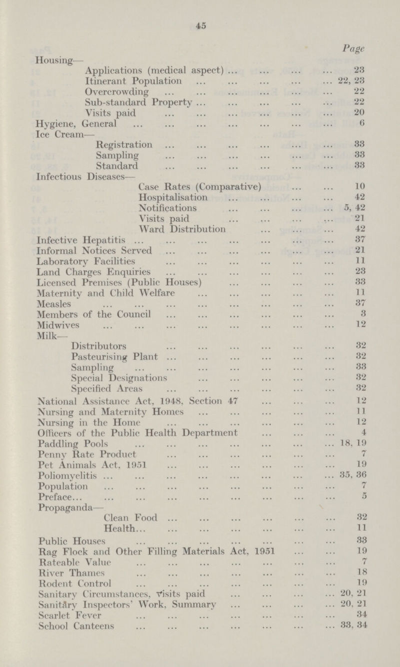 45 Page Housing— Applications (medical aspect) 23 Itinerant Population 22, 23 Overcrowding 22 Sub-standard Property 22 Visits paid 20 Hygiene, General 6 Ice Cream— Registration 33 Sampling 33 Standard 33 Infectious Diseases— Case Rates (Comparative) 10 Hospitalisation 42 Notifications 5, 42 Visits paid 21 Ward Distribution 42 Infective Hepatitis 37 Informal Notices Served 21 Laboratory Facilities 11 Land Charges Enquiries 23 Licensed Premises (Public Houses) 33 Maternity and Child Welfare 11 Measles 37 Members of the Council 3 Midwives 12 Milk- Distributors 32 Pasteurising Plant 32 Sampling 33 Special Designations 32 Specified Areas 32 National Assistance Act, 1948, Section 47 12 Nursing and Maternity Homes 11 Nursing in the Home 12 Officers of the Public Health Department 4 Paddling Pools 18, 19 Penny Rate Product 7 Pet Animals Act, 1951 19 Poliomyelitis 35, 36 Population 7 Preface 5 Propaganda— Clean Food 32 Health 11 Public Houses 33 Rag Flock and Other Filling Materials Act, 1951 19 Rateable Value 7 River Thames 18 Rodent Control 19 Sanitary Circumstances, Visits paid 20,21 Sanitary Inspectors' Work, Summary 20, 21 Scarlet Fever 34 School Canteens 33, 34