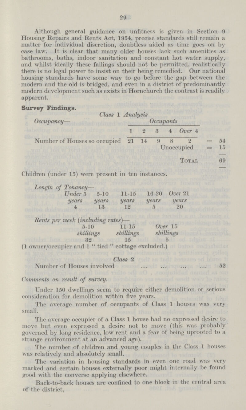 29 Although general guidance on unfitness is given in Section 9 Housing Repairs and Rents Act, 1954, precise standards still remain a matter for individual discretion, doubtless aided as time goes on by case law. It is clear that many older houses lack such amenities as bathrooms, baths, indoor sanitation and constant hot water supply, and whilst ideally these failings should not be permitted, realistically there is no legal power to insist on their being remedied. Our national housing standards have some way to go before the gap between the modern and the old is bridged, and even in a district of predominantly modern development such as exists in Hornchurch the contrast is readily apparent. Survey Findings. Class 1 Analysis Occupancy— Occupants 1 2 3 4 Over 4 Number of Houses so occupied 21 14 9 8 2 = 54 Unoccupied = 15 Total 69 Children (under 15) were present in ten instances. Length of Tenancy— Under 5 years 5-10 years 11-15 years 16-20 years Over 21 years 4 13 12 5 20 Rents per week (including rates)— 5-10 shillings 11-15 shillings Over 15 shillings 32 15 5 (1 owner/occupier and 1  tied  cottage excluded.) Class 2 Number of Houses involved 52 Comments on result of survey. Under 150 dwellings seem to require either demolition or serious consideration for demolition within five years. The average number of occupants of Class 1 houses was very small. The average occupier of a Class 1 house had no expressed desire to move but even expressed a desire not to move (this was probably governed by long residence, low rent and a fear of being uprooted to a strange environment at an advanced age). The number of children and young couples in the Class 1 houses was relatively and absolutely small. The variation in housing standards in even one road was very marked and certain houses externally poor might internally be found good with the converse applying elsewhere. Back-to-back houses are confined to one block in the central area of the district.