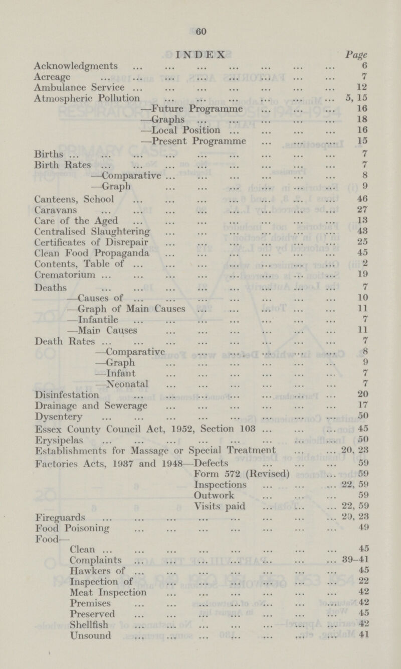 60 INDEX Page Acknowledgments 6 Acreage 7 Ambulance Service 12 Atmospheric Pollution 5, 15 —Future Programme 16 —Graphs 18 —Local Position 16 —Present Programme 15 Births 7 Birth Rates 7 —Comparative 8 —Graph 9 Canteens, School 46 Caravans 27 Care of the Aged 13 Centralised Slaughtering 43 Certificates of Disrepair 25 Clean Food Propaganda 45 Contents, Table of 2 Crematorium . 19 Deaths 7 —Causes of 10 —Graph of Main Causes 11 —Infantile 7 —Main Causes 11 Death Rates 7 —Comparative 8 —Graph 9 —Infant 7 —Neonatal 7 Disinfestation 20 Drainage and Sewerage 17 Dysentery 50 Essex County Council Act, 1952, Section 103 45 Erysipelas 50 Establishments for Massage or Special Treatment 20, 23 Factories Acts, 1937 and 1948—Defects 59 Form 572 (Revised) 59 Inspections 22, 59 Outwork 59 Visits paid 22, 59 Fireguards 20, 23 Food Poisoning 49 Food- Clean 45 Complaints 39-41 Hawkers of 45 Inspection of 22 Meat Inspection 42 Premises 42 Preserved 45 Shellfish 42 Unsound 41