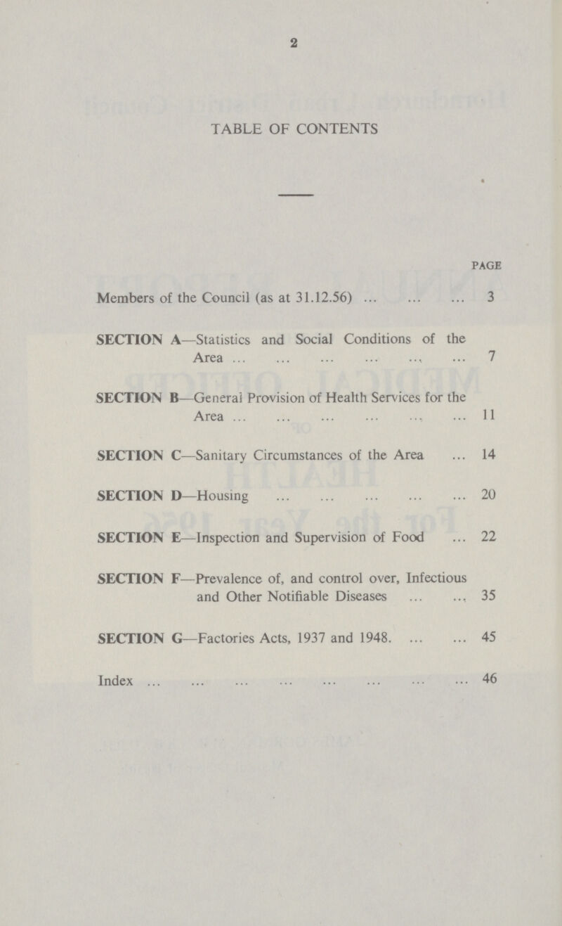 2 TABLE OF CONTENTS PAGE Members of the Council (as at 31.12.56) 3 SECTION A—Statistics and Social Conditions of the Area 7 SECTION B—General Provision of Health Services for the Area 11 SECTION C—Sanitary Circumstances of the Area ... 14 SECTION D—Housing 20 SECTION E—Inspection and Supervision of Food ... 22 SECTION F—Prevalence of, and control over, Infectious and Other Notifiable Diseases 35 SECTION G—Factories Acts, 1937 and 1948 45 Index 46