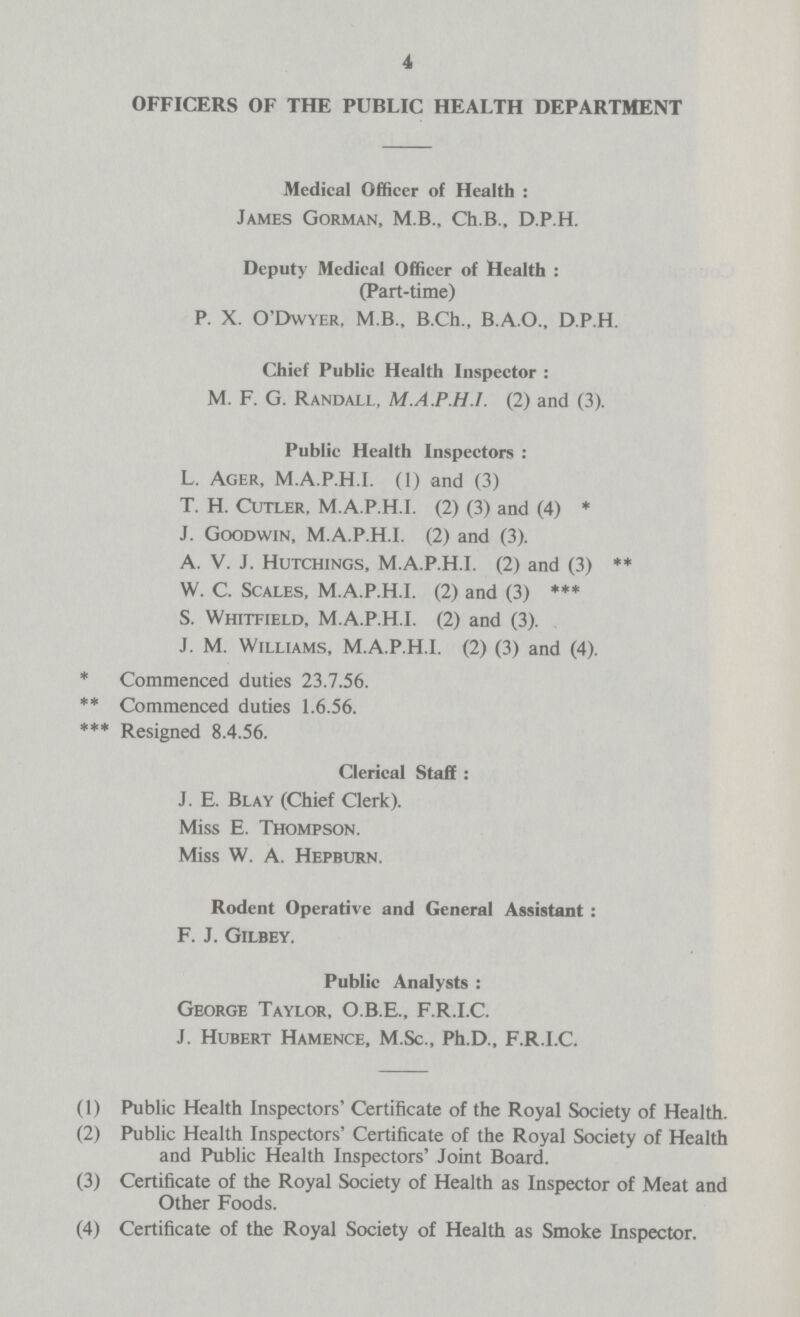 4 OFFICERS OF THE PUBLIC HEALTH DEPARTMENT Medical Officer of Health : James Gorman, M.B., Ch.B., D.P.H. Deputy Medical Officer of Health : (Part-time) P. X. O'Dwyer, M.B., B.Ch., B.A.O., D.P.H. Chief Public Health Inspector : M. F. G. Randall, M.A.P.H.I. (2) and (3). Public Health Inspectors : L. Acer, M.A.P.H.I. (1) and (3) T. H. Cutler, M.A.P.H.I. (2) (3) and (4) * J. Goodwin, M.A.P.H.I. (2) and (3). A. V. J. Hutchings, M.A.P.H.I. (2) and (3) ** W. C. Scales, M.A.P.H.I. (2) and (3) *** S. Whitfield, M.A.P.H.I. (2) and (3). J. M. Williams, M.A.P.H.I. (2) (3) and (4). * Commenced duties 23.7.56. ** Commenced duties 1.6.56. *** Resigned 8.4.56. Clerical Staff : J. E. Blay (Chief Clerk). Miss E. Thompson. Miss W. A. Hepburn. Rodent Operative and General Assistant : F. J. GlLBEY. Public Analysts : George Taylor, O.B.E., F.R.I.C. J. Hubert Hamence, M.Sc., Ph.D., F.R.I.C. (1) Public Health Inspectors' Certificate of the Royal Society of Health. (2) Public Health Inspectors' Certificate of the Royal Society of Health and Public Health Inspectors' Joint Board. (3) Certificate of the Royal Society of Health as Inspector of Meat and Other Foods. (4) Certificate of the Royal Society of Health as Smoke Inspector.