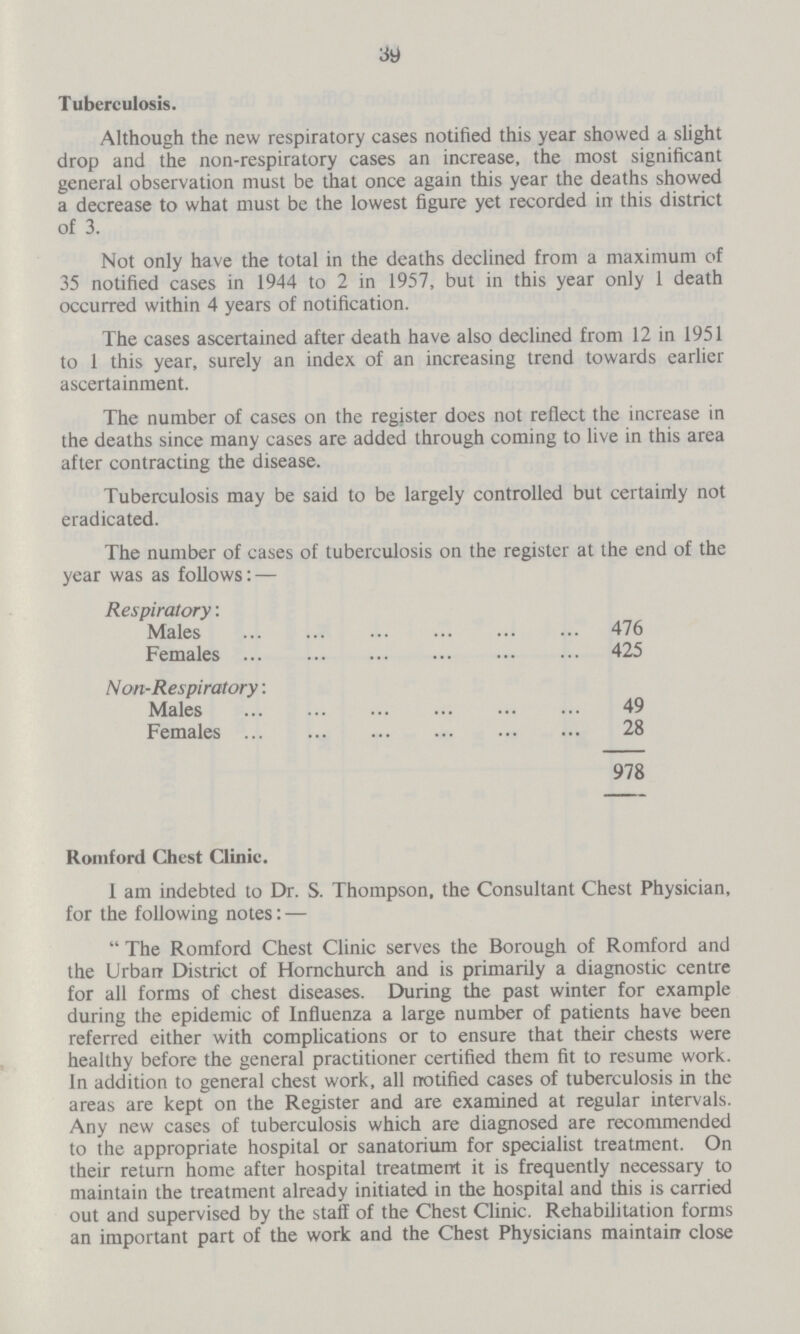 39 Tuberculosis. Although the new respiratory cases notified this year showed a slight drop and the non-respiratory cases an increase, the most significant general observation must be that once again this year the deaths showed a decrease to what must be the lowest figure yet recorded in this district of 3. Not only have the total in the deaths declined from a maximum of 35 notified cases in 1944 to 2 in 1957, but in this year only 1 death occurred within 4 years of notification. The cases ascertained after death have also declined from 12 in 1951 to 1 this year, surely an index of an increasing trend towards earlier ascertainment. The number of cases on the register does not reflect the increase in the deaths since many cases are added through coming to live in this area after contracting the disease. Tuberculosis may be said to be largely controlled but certainly not eradicated. The number of cases of tuberculosis on the register at the end of the year was as follows:— Respiratory: Males 476 Females 425 Non-Respiratory: Males 49 Females 28 978 Romford Chest Clinic. I am indebted to Dr. S. Thompson, the Consultant Chest Physician, for the following notes:— The Romford Chest Clinic serves the Borough of Romford and the Urban District of Hornchurch and is primarily a diagnostic centre for all forms of chest diseases. During the past winter for example during the epidemic of Influenza a large number of patients have been referred either with complications or to ensure that their chests were healthy before the general practitioner certified them fit to resume work. In addition to general chest work, all notified cases of tuberculosis in the areas are kept on the Register and are examined at regular intervals. Any new cases of tuberculosis which are diagnosed are recommended to the appropriate hospital or sanatorium for specialist treatment. On their return home after hospital treatment it is frequently necessary to maintain the treatment already initiated in the hospital and this is carried out and supervised by the staff of the Chest Clinic. Rehabilitation forms an important part of the work and the Chest Physicians maintain close