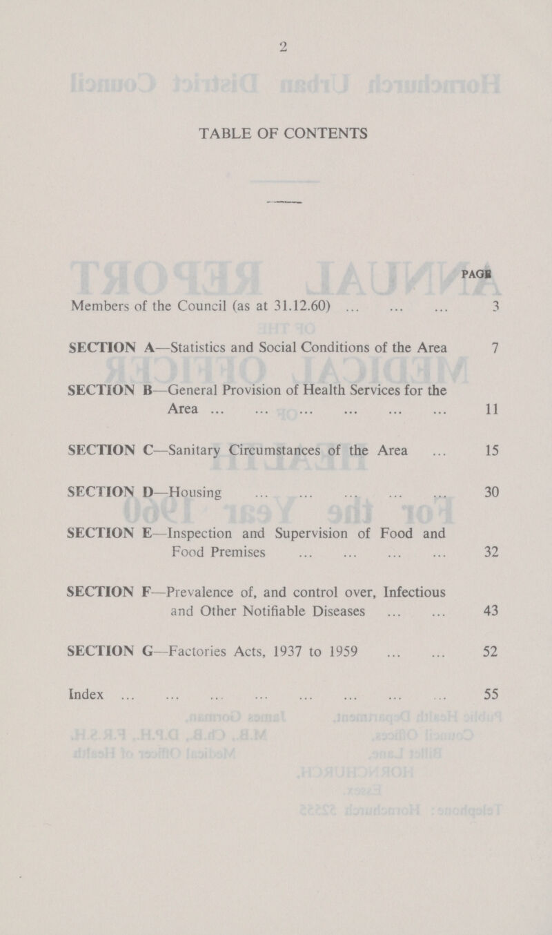 2 TABLE OF CONTENTS page Members of the Council (as at 31.12.60) 3 SECTION A—Statistics and Social Conditions of the Area 7 SECTION B—General Provision of Health Services for the Area 11 SECTION C—Sanitary Circumstances of the Area 15 SECTION D—Housing 30 SECTION E—Inspection and Supervision of Food and Food Premises 32 SECTION F—Prevalence of, and control over, Infectious and Other Notifiable Diseases 43 SECTION G—Factories Acts, 1937 to 1959 52 Index 55