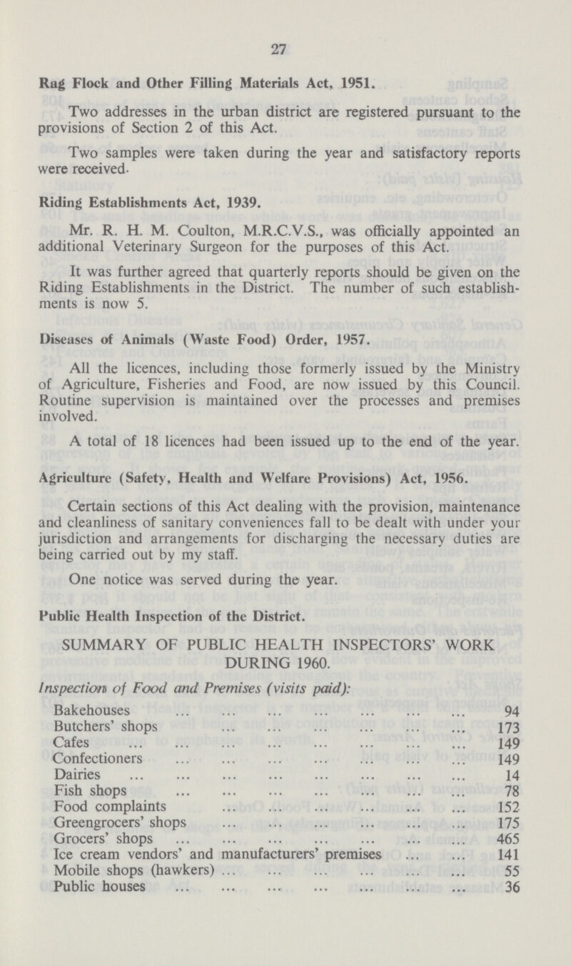 27 Rag Flock and Other Filling Materials Act, 1951. Two addresses in the urban district are registered pursuant to the provisions of Section 2 of this Act. Two samples were taken during the year and satisfactory reports were received- Riding Establishments Act, 1939, Mr. R. H. M. Coulton, M.R.C.V.S., was officially appointed an additional Veterinary Surgeon for the purposes of this Act. It was further agreed that quarterly reports should be given on the Riding Establishments in the District. The number of such establish ments is now 5. Diseases of Animals (Waste Food) Order, 1957. All the licences, including those formerly issued by the Ministry of Agriculture, Fisheries and Food, are now issued by this Council. Routine supervision is maintained over the processes and premises involved. A total of 18 licences had been issued up to the end of the year. Agriculture (Safety, Health and Welfare Provisions) Act, 1956. Certain sections of this Act dealing with the provision, maintenance and cleanliness of sanitary conveniences fall to be dealt with under your jurisdiction and arrangements for discharging the necessary duties are being carried out by my staff. One notice was served during the year. Public Health Inspection of the District. SUMMARY OF PUBLIC HEALTH INSPECTORS' WORK DURING 1960. Inspection of Food and Premises (visits paid): Bakehouses 94 Butchers' shops 173 Cafes 149 Confectioners 149 Dairies 14 Fish shops 78 Food complaints 152 Greengrocers' shops 175 Grocers' shops 465 Ice cream vendors' and manufacturers' premises 141 Mobile shops (hawkers) 55 Public houses 36