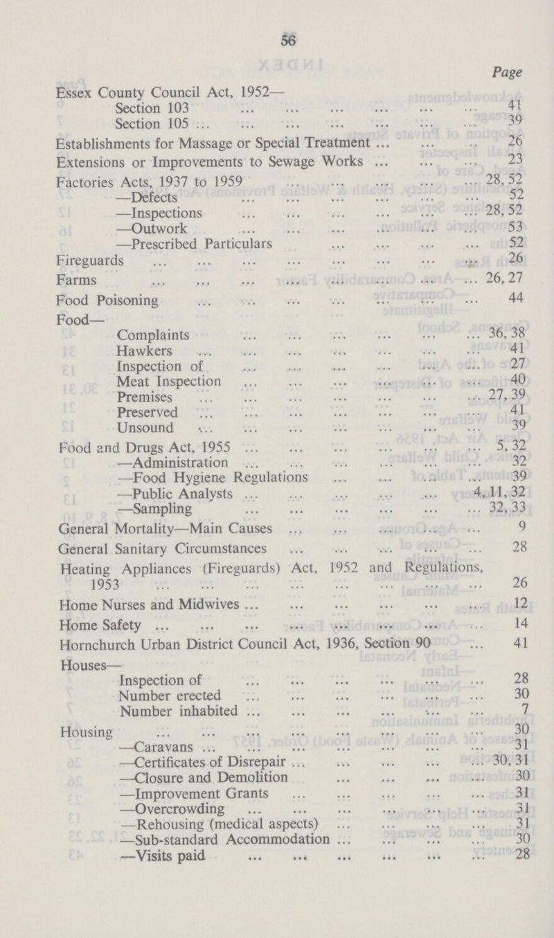 56 Page Essex County Council Act, 1952— Section 103 41 Section 105 Establishments for Massage or Special Treatment 26 Extensions or Improvements to Sewage Works 23 Factories Acts, 1937 to 1959 28,52 —Defects 52 —Inspections 28,52 —Outwork 53 —Prescribed Particulars 52 Fireguards 26 Farms 26,27 Food Poisoning 44 Food— Complaints 36,38 Hawkers 41 Inspection of 27 Meat Inspection 40 Premises 27,39 Preserved 41 Unsound 39 Food and Drugs Act, 1955 5,32 —Administration 32 —Food Hygiene Regulations 39 —Public Analysts 4, 11, 32 —Sampling 32, 33 General Mortality—Main Causes 9 General Sanitary Circumstances 28 Heating Appliances (Fireguards) Act, 1952 and Regulations, 1953 26 Home Nurses and Midwives 12 Home Safety 14 Hornchurch Urban District Council Act, 1936, Section 90 41 Houses- Inspection of 28 Number erected 30 Number inhabited 7 Housing 30 —Caravans 31 —Certificates of Disrepair 30, 31 —Closure and Demolition 30 —Improvement Grants 31 —Overcrowding 31 —Rehousing (medical aspects) 31 —Sub-standard Accommodation 30 —Visits paid 28