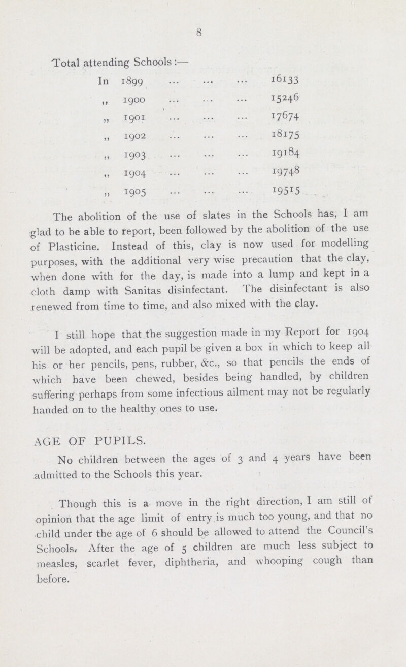 8 Total attending Schools :— In 1899 16133 „ 1900 15246 „ 1901 17674 „ 1902 18175 „ 1903 19184 „ 1904 19748 „ 1905 19515 The abolition of the use of slates in the Schools has, I am glad to be able to report, been followed by the abolition of the use of Plasticine. Instead of this, clay is now used for modelling purposes, with the additional very wise precaution that the clay, when done with for the day, is made into a lump and kept in a cloth damp with Sanitas disinfectant. The disinfectant is also renewed from time to time, and also mixed with the clay. I still hope that the suggestion made in my Report for 1904 will be adopted, and each pupil be given a box in which to keep all his or her pencils, pens, rubber, &c., so that pencils the ends of which have been chewed, besides being handled, by children suffering perhaps from some infectious ailment may not be regularly handed on to the healthy ones to use. AGE OF PUPILS. No children between the ages of 3 and 4 years have been admitted to the Schools this year. Though this is a move in the right direction, I am still of opinion that the age limit of entry is much too young, and that no child under the age of 6 should be allowed to attend the Council's Schools. After the age of 5 children are much less subject to measles, scarlet fever, diphtheria, and whooping cough than before.