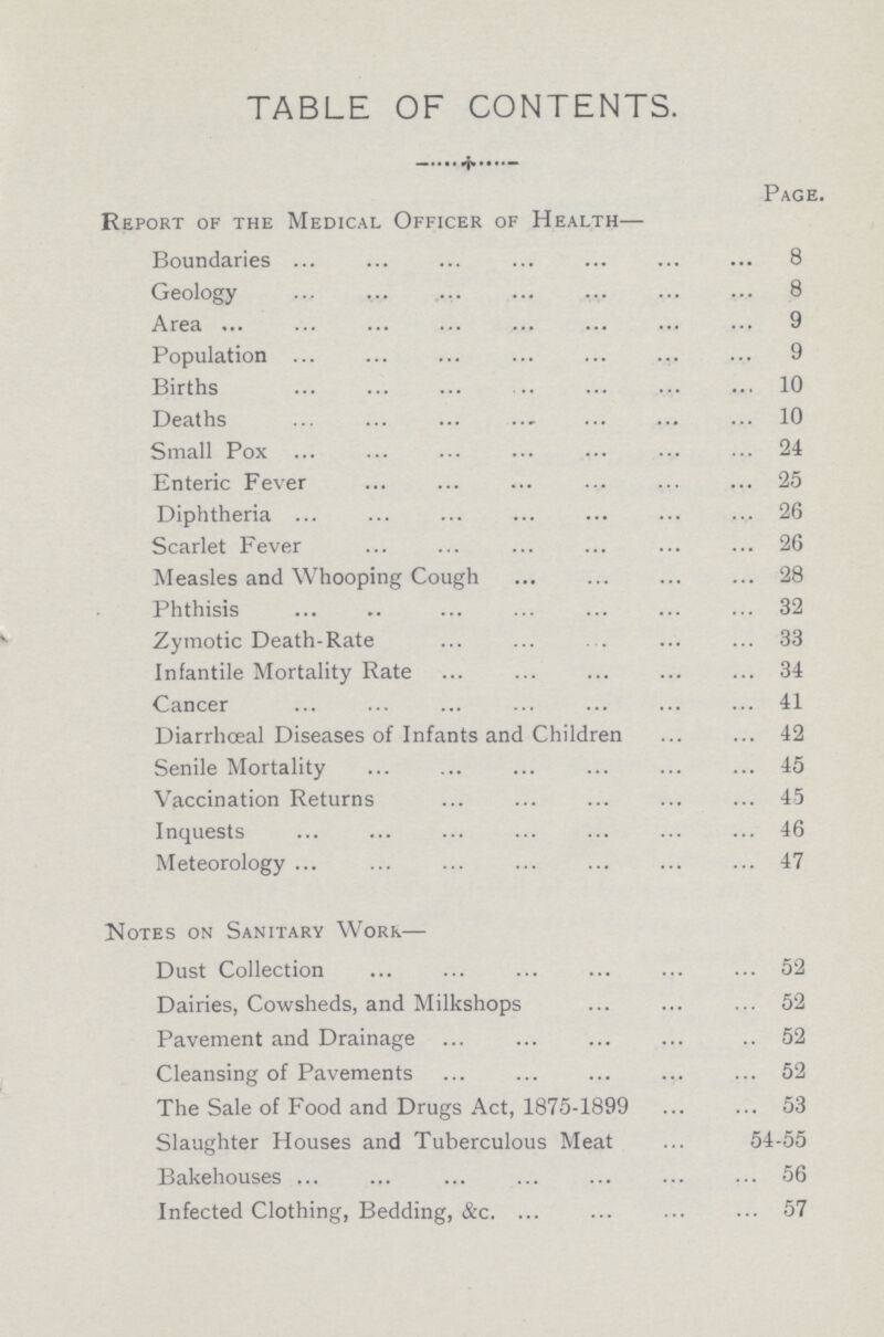 TABLE OF CONTENTS. Page. Report of the Medical Officer of Health— Boundaries 8 Geology 8 Area 9 Population 9 Births 10 Deaths 10 Small Pox 24 Enteric Fever 25 Diphtheria 26 Scarlet Fever 26 Measles and Whooping Cough 28 Phthisis 32 Zymotic Death-Rate 33 Infantile Mortality Rate 34 Cancer 41 Diarrhœal Diseases of Infants and Children 42 Senile Mortality 45 Vaccination Returns 45 Inquests 46 Meteorology 47 Notes on Sanitary Work— Dust Collection 52 Dairies, Cowsheds, and Milkshops 52 Pavement and Drainage 52 Cleansing of Pavements 52 The Sale of Food and Drugs Act, 1875-1899 53 Slaughter Houses and Tuberculous Meat 54-55 Bakehouses 56 Infected Clothing, Bedding, &c 57