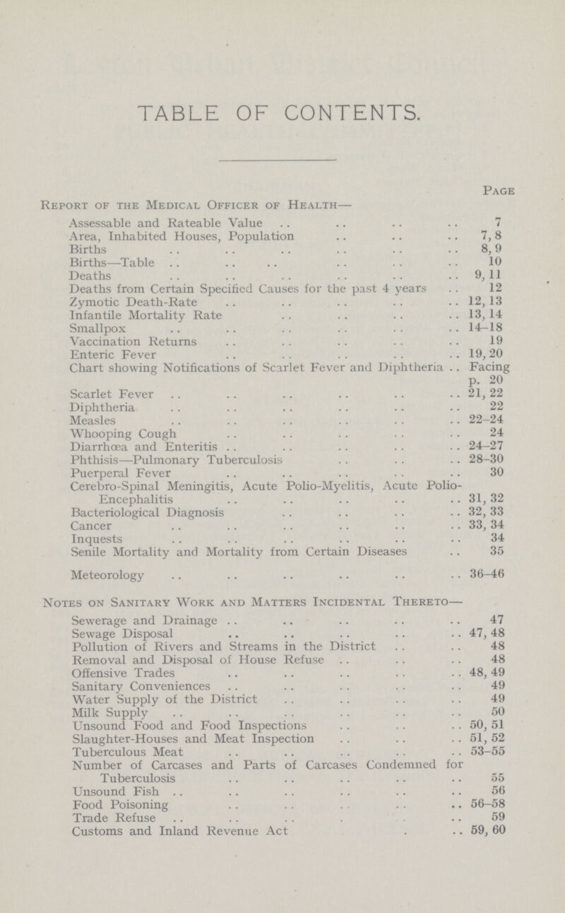 TABLE OF CONTENTS. Page Report of the Medical Officer of Health— Assessable and Rateable Value 7 Area, Inhabited Houses, Population 7, 8 Births 8,9 Births—Table 10 Deaths 9, 11 Deaths from Certain Specified Causes for the past 4 years 12 Zymotic Death-Rate 12, 13 Infantile Mortality Rate 13, 14 Smallpox 14-18 Vaccination Returns 19 Enteric Fever 19,20 Chart showing Notifications of Scarlet Fever and Diphtheria Facing p. 20 Scarlet Fever 21, 22 Diphtheria 22 Measles 22-24 Whooping Cough 24 Diarrhoea and Enteritis 24-27 Phthisis—Pulmonary Tuberculosis 28-30 Puerperal Fever 30 Cerebro-Spinal Meningitis, Acute Polio-Myelitis, Acute Polio- Encephalitis 31, 32 Bacteriological Diagnosis 32, 33 Cancer 33, 34 Inquests 34 Senile Mortality and Mortality from Certain Diseases 35 Meteorology 36-46 Notes on Sanitary Work and Matters Incidental Thereto— Sewerage and Drainage 47 Sewage Disposal 47, 48 Pollution of Rivers and Streams in the District 48 Removal and Disposal of House Refuse 48 Offensive Trades 48, 49 Sanitary Conveniences 49 Water Supply of the District 49 Milk Supply 50 Unsound Food and Food Inspections 50, 51 Slaughter-Houses and Meat Inspection 51, 52 Tuberculous Meat 53-55 Number of Carcases and Parts of Carcases Condemned for Tuberculosis 55 Unsound Fish 56 Food Poisoning 56-58 Trade Refuse 59 Customs and Inland Revenue Act 59, 60