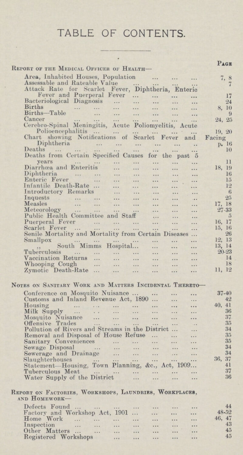 TABLE OF CONTENTS. Page Report of the Medical Officer of Health— Area, Inhabited Houses, Population 7, 8 Assessable and Rateable Value 7 Attack Rate for Scarlet Fever, Diphtheria, Enteric Fever and Puerperal Fever 17 Bacteriological Diagnosis 24 Births 8, 10 Births—Table 9 Cancer 24, 25 Cerebro-Spinal Meningitis, Acute Poliomyelitis, Acute Polioencephalitis 19, 20 Chart showing Notifications of Scarlet Fever and Facing Diphtheria p. 16 Deaths 10 Deaths from Certain Specified Causes for the past 5 years 11 Diarrhoea and Enteritis 18, 19 Diphtheria 16 Enteric Fever 15 Infantile Death-Rate 12 Introductory Remarks 6 Inquests 25 Measles 17, 18 Meteorology 27-33 Public Health Committee and Staff 5 Puerperal Fever 16, 17 Scarlet Fever 15, 16 Senile Mortality and Mortality from Certain Diseases 26 Smallpox 12, 13 „ South Mimms Hospital 13, 14 Tuberculosis 20-23 Vaccination Returns 14 Whooping Cough 18 Zymotic Death-Rate 11, 12 Notes on Sanitary Work and Matters Incidental Thereto— Conference on Mosquito Nuisance 37-40 Customs and Inland Revenue Act, 1890 42 Housing 40, 41 Milk Supply 36 Mosquito Nuisance 37 Offensive Trades 35 Pollution of Rivers and Streams in the District 34 Removal and Disposal of House Refuse 35 Sanitary Conveniences 35 Sewage Disposal 34 Sewerage and Drainage 34 Slaughterhouses 36, 37 Statement—Housing, Town Planning, &c., Act, 1909 41 Tuberculous Meat 37 Water Supply of the District 36 Report on Factories, Workshops, Laundries, Workplaces, and Homework— Defects Found 44 Factory and Workshop Act, 1901 48-52 Home Work 46, 47 Inspection 43 Other Matters 45 Registered Workshops 45