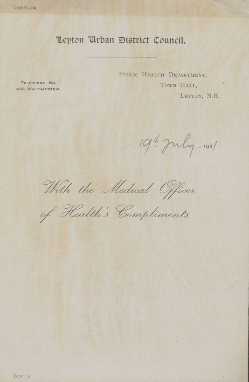 V C1-12 Sh. 470 Xe\>ton THrban SMetrict Council. Public Hkalth Department, Telephone NO. ToWN HALL, 425 Walthamstow. Leyton, N.E. I92/