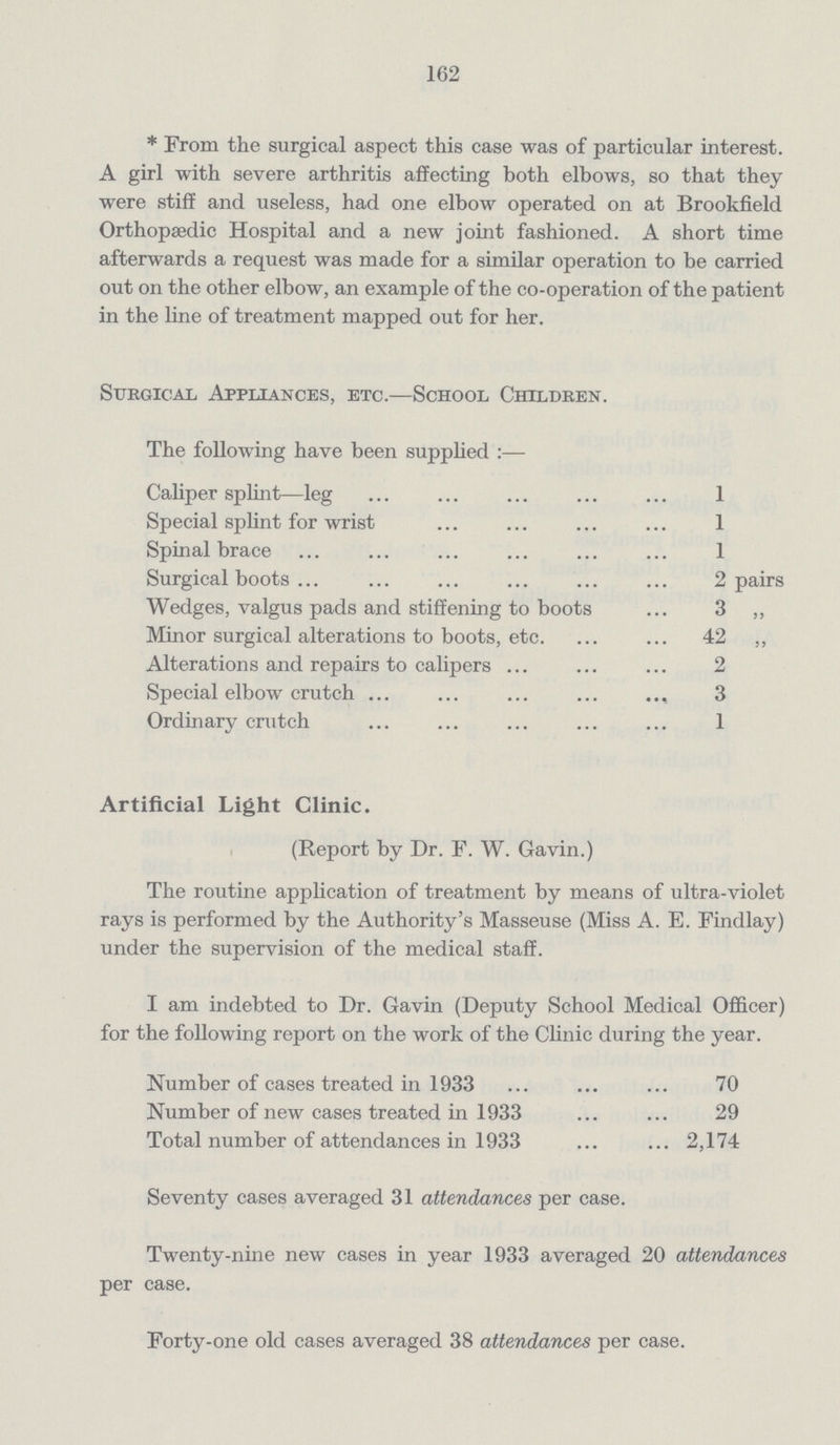 162 *From the surgical aspect this case was of particular interest. A girl with severe arthritis affecting both elbows, so that they were stiff and useless, had one elbow operated on at Brookfield Orthopædic Hospital and a new joint fashioned. A short time afterwards a request was made for a similar operation to be carried out on the other elbow, an example of the co-operation of the patient in the line of treatment mapped out for her. Surgical Appliances, etc.—School Children. The following have been supplied :— Caliper splint—leg 1 Special splint for wrist 1 Spinal brace 1 Surgical boots 2 pairs Wedges, valgus pads and stiffening to boots 3 ,, Minor surgical alterations to boots, etc. 42 „ Alterations and repairs to calipers 2 Special elbow crutch 3 Ordinary crutch 1 Artificial Light Clinic. (Report by Dr. F. W. Gavin.) The routine application of treatment by means of ultra-violet rays is performed by the Authority's Masseuse (Miss A. E. Findlay) under the supervision of the medical staff. I am indebted to Dr. Gavin (Deputy School Medical Officer) for the following report on the work of the Clinic during the year. Number of cases treated in 1933 70 Number of new cases treated in 1933 29 Total number of attendances in 1933 2,174 Seventy cases averaged 31 attendances per case. Twenty-nine new cases in year 1933 averaged 20 attendances per case. Forty-one old cases averaged 38 attendances per case.