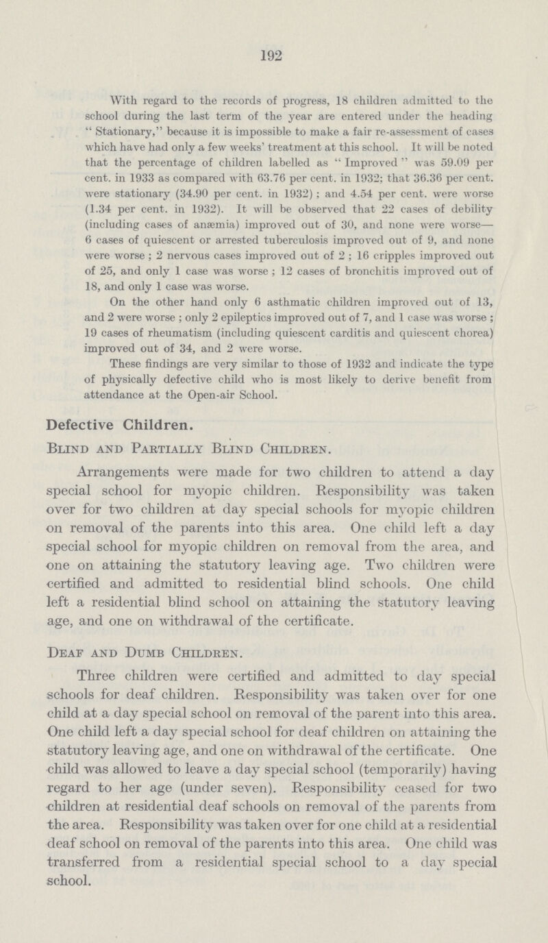 192 With regard to the records of progress, 18 children admitted to the school during the last term of the year are entered under the heading Stationary, because it is impossible to make a fair re-assessment of cases which have had only a few weeks' treatment at this school. It will be noted that the percentage of children labelled as Improved was 59.09 per cent, in 1933 as compared with 63.76 per cent, in 1932; that 36.36 per cent, were stationary (34.90 per cent, in 1932); and 4.54 per cent, were worse (1.34 per cent, in 1932). It will be observed that 22 cases of debility (including cases of ansemia) improved out of 30, and none were worse— 6 cases of quiescent or arrested tuberculosis improved out of 9, and none were worse; 2 nervous cases improved out of 2; 16 cripples improved out of 25, and only 1 case was worse; 12 cases of bronchitis improved out of 18, and only 1 case was worse. On the other hand only 6 asthmatic children improved out of 13, and 2 were worse; only 2 epileptics improved out of 7, and 1 case was worse; 19 cases of rheumatism (including quiescent carditis and quiescent chorea) improved out of 34, and 2 were worse. These findings are very similar to those of 1932 and indicate the type of physically defective child who is most likely to derive benefit from attendance at the Open-air School. Defective Children. Blind and Partially Blind Children. Arrangements were made for two children to attend a day special school for myopic children. Responsibility was taken over for two children at day special schools for myopic children on removal of the parents into this area. One child left a day special school for myopic children on removal from the area, and one on attaining the statutory leaving age. Two children were certified and admitted to residential blind schools. One child left a residential blind school on attaining the statutory leaving age, and one on withdrawal of the certificate. Deaf and Dumb Children. Three children were certified and admitted to day special schools for deaf children. Responsibility was taken over for one child at a day special school on removal of the parent into this area. One child left a day special school for deaf children on attaining the statutory leaving age, and one on withdrawal of the certificate. One child was allowed to leave a day special school (temporarily) having regard to her age (under seven). Responsibility ceased for two children at residential deaf schools on removal of the parents from the area. Responsibility was taken over for one child at a residential deaf school on removal of the parents into this area. One child was transferred from a residential special school to a day special school.