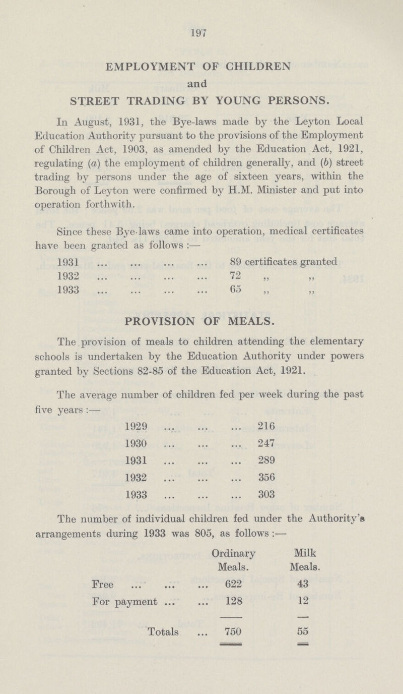 197 EMPLOYMENT OF CHILDREN and STREET TRADING BY YOUNG PERSONS. In August, 1931, the Bye-laws made by the Leyton Local Education Authority pursuant to the provisions of the Employment of Children Act, 1903, as amended by the Education Act, 1921, regulating (a) the employment of children generally, and (b) street trading by persons under the age of sixteen years, within the Borough of Leyton were confirmed by H.M. Minister and put into operation forthwith. Since these Bye-laws came into operation, medical certificates have been granted as follows:— 1931 89 certificates granted 1932 72 „ „ 1933 65 „ „ PROVISION OF MEALS. The provision of meals to children attending the elementary schools is undertaken by the Education Authority under powers granted by Sections 82-85 of the Education Act, 1921. The average number of children fed per week during the past five years:— 1929 216 1930 247 1931 289 1932 356 1933 303 The number of individual children fed under the Authority's arrangements during 1933 was 805, as follows :— Ordinary Milk Meals. Meals. Free 622 43 For payment 128 12 Totals 750 55