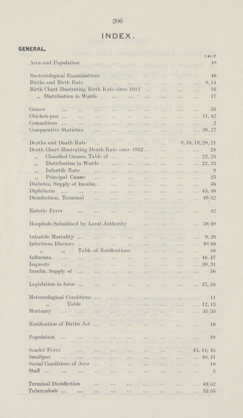 206 INDEX. GENERAL. Page Area and Population 10 Bacteriological Examinations 46 Births and Birth Rate 9,14 Birth Chart illustrating Birth Kate since 1012 16 „ Distribution in Wards 17 Cancer 55 Chicken-pox 55 Committees 41,42 Comparative Statistics 20,27 Deaths and Death Rate 9,18,10,20,21 Death Chart illustrating Death Rate since 1912 24 „ Classified Causes, Table of 22,23 „ Distribution in Wards 22,23 „ Infantile Rate 9 „ Principal Causes 25 Diabetes, Supply of Insulin. 50 Diphtheria 45,40 Disinfection, Terminal 49,52 Enteric Fever 42 Hospitals Subsidised by Local Authority 38/40 Infantile Mortality 9,26 Infectious Diseases 40/48 ,, ,, Table of Notifications 48 Influenza 46,47 Inquests 30,31 Insulin, Supply of 56 Legislation in force 37,38 Meteorological Conditions 11 Table 12, 13 Mortuary 31/35 Notification of Births Act 18 Population 10 Scarlet Fever 43,44,45 Smallpox 40, 41 Social Conditions of Area 10 Staff 3 Terminal Disinfection 49/52 Tuberculosis 53/55