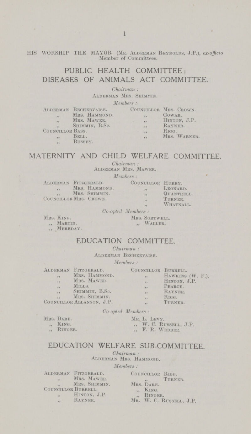 1 HIS WORSHIP THE MAYOR (Mb. Alderman Reynolds, J.P.), ex-officio Member of Committees. PUBLIC HEALTH COMMITTEE: DISEASES OF ANIMALS ACT COMMITTEE. Chairman : Alderman Mrs. Shimmin. Members : Alderman Bechervaise. „ Mrs. Hammond. ,, Mrs. Mawer. ,, Shimmin, B.Sc. Councillor Bass. „ Bell. „ Bussey. Councillor Mrs. Crown. „ Gowar. „ Hinton, J.P. „ Rayner. „ Rigg. „ Mrs. Warner. MATERNITY AND CHILD WELFARE COMMITTEE. Chairman : Alderman Mrs. Mawer. Members : Alderman Fitzgerald. ,, Mrs. Hammond. „ Mrs. Shimmin. Councillor Mrs. Crown. Councillor Hurry. „ Leonard. „ Quantrell. „ Turner. „ Whatnall. Co-opted Members : Mrs. King. „ Martin. „ Mereday. Mrs. Sortwell. „ Waller. EDUCATION COMMITTEE. Chairman : Alderman Bechervaise. Members : Alderman Fitzgerald. „ Mrs. Hammond. „ Mrs. Mawer. „ Mills. „ Shimmin, B.Sc. ,, Mrs. Shimmin. Councillor Allanson, J.P. Councillor Burrell. „ Hawkins (W. F.). „ Hinton, J.P. „ Pearce. „ Rayner. „ Riog. „ Turner. Co-opted Members : Mrs. Dare. „ King. ,, Ringer. Mr. L. Levy. „ W. C. Russell, J.P. „ F. R. Webber. EDUCATION WELFARE SUB-COMMITTEE. Chairman : Alderman Mbs. Hammond. Members : Alderman Fitzgerald. ,, Mrs. Mawer. „ Mbs. Shimmin. Councillor Burrell. „ Hinton, J.P. „ Rayner. Councillor Rigc. Turner. Mrs. Dare. „ King. „ Ringer. Mr. W. C. Russell, J.P.