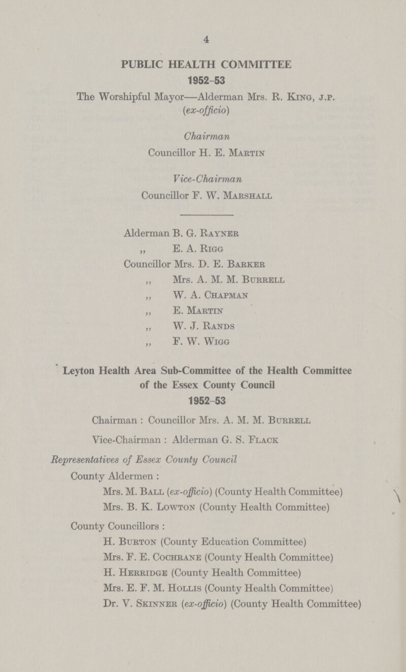 4 PUBLIC HEALTH COMMITTEE 1952-53 The Worshipful Mayor—Alderman Mrs. R. King, j.p. (ex-officio) Chairman Councillor H. E. Martin Vice-Chairman Councillor P. W. Marshall Alderman B. G. Rayner „ E. A. Rigg Councillor Mrs. D. E. Barker „ Mrs. A. M. M. Burrell „ W. A. Chapman „ E. Martin „ W. J. Rands P. W. Wigg Leyton Health Area Sub-Committee of the Health Committee of the Essex County Council 1952-53 Chairman : Councillor Mrs. A. M. M. Burrell Vice-Chairman : Alderman G. S. Flack Representatives of Essex County Council County Aldermen : Mrs. M. Ball (ex-officio) (County Health Committee) Mrs. B. K. Lowton (County Health Committee) County Councillors : H. Burton (County Education Committee) Mrs. F. E. Cochrane (County Health Committee) H. Herridge (County Health Committee) Mrs. E. F. M. Hollis (County Health Committee) Dr. V. Skinner (ex-officio) (County Health Committee)