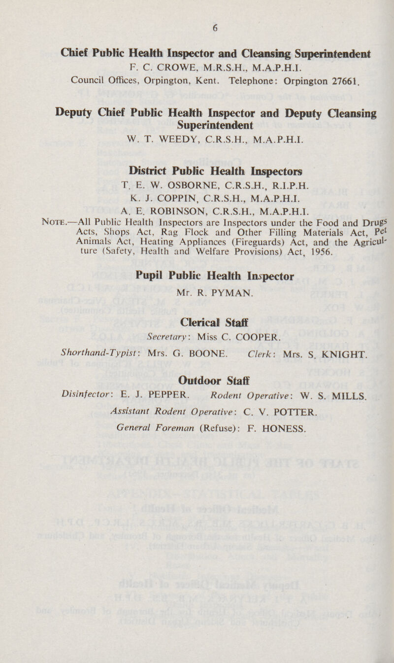 6 Chief Public Health Inspector and Cleansing Superintendent F. C. CROWE. M.R.S.H., M.A.P.H.I. Council Offices, Orpington, Kent. Telephone: Orpington 27661. Deputy Chief Public Health Inspector and Deputy Cleansing Superintendent W. T. WEEDY, C.R.S.H., M.A.P.H.l. District Public Health Inspectors T. E. W. OSBORNE, C.R.S.H., R.I.P.H. K. J. COPPIN, C.R.S.H., M.A.P.H.l. A. E. ROBINSON, C.R.S.H., M.A.P.H.l. Note.—All Public Health Inspectors are Inspectors under the Food and Drugs Acts, Shops Act, Rag Flock and Other Filling Materials Act, Pet Animals Act, Heating Appliances (Fireguards) Act, and the Agricul ture (Safety, Health and Welfare Provisions) Act, 1956. Pupil Public Health Inspector Mr. R. PYMAN. Clerical Staff Secretary: Miss C. COOPER. Shorthand-Typist: Mrs. G. BOONE. Clerk: Mrs. S. KNIGHT. Outdoor Staff Disinfector: E. J. PEPPER. Rodent Operative'. W. S. MILLS. Assistant Rodent Operative: C. V. POTTER. General Foreman (Refuse): F. HONESS.