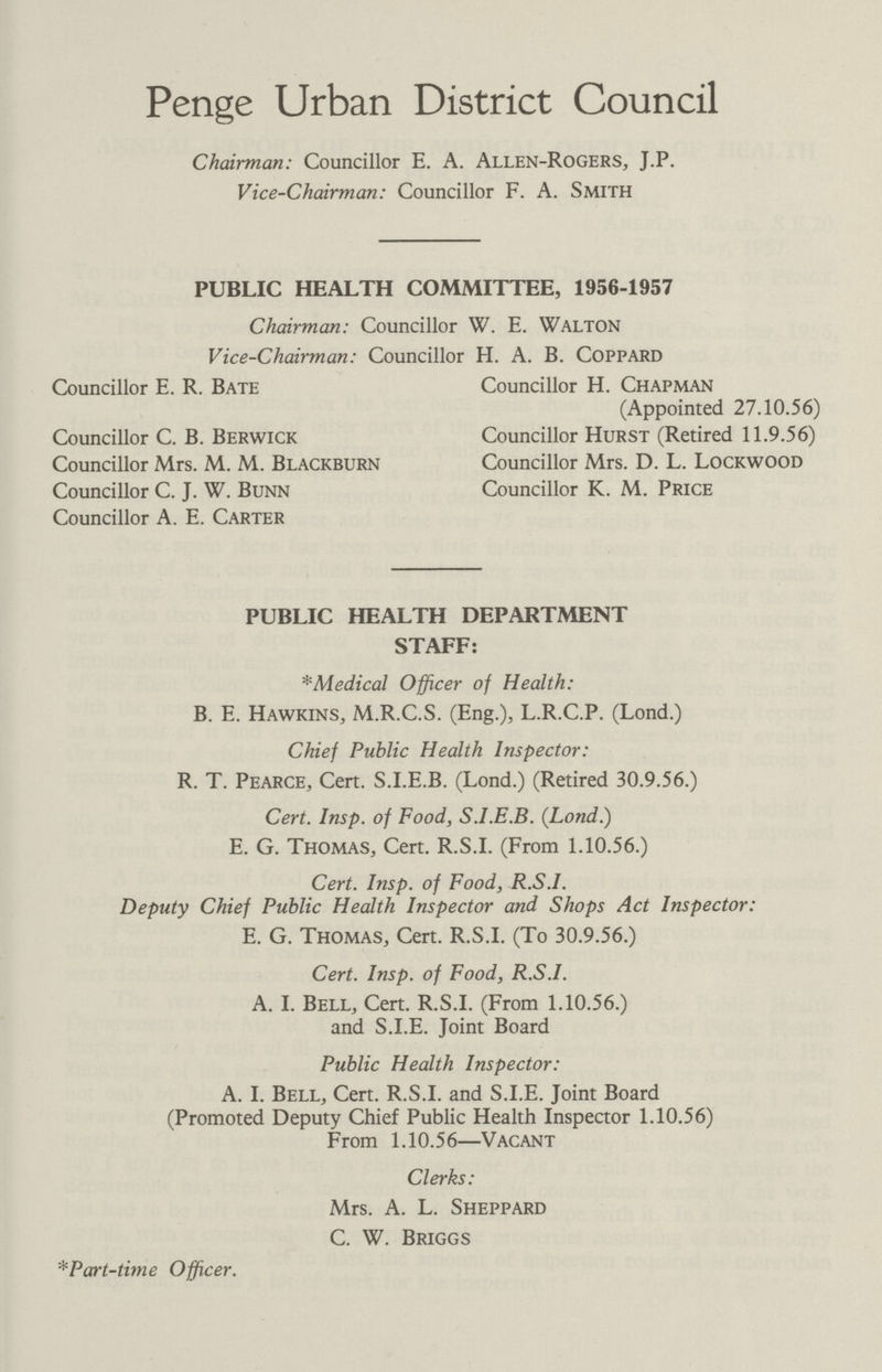 Penge Urban District Council Chairman: Councillor E. A. Allen-Rogers, J.P. Vice-Chairman: Councillor F. A. Smith PUBLIC HEALTH COMMITTEE, 1956-1957 Chairman: Councillor W. E. Walton Vice-Chairman: Councillor H. A. B. Coppard Councillor E. R. Bate Councillor H. Chapman (Appointed 27.10.56) Councillor C. B. Berwick Councillor Hurst (Retired 11.9.56) Councillor Mrs. M. M. Blackburn Councillor Mrs. D. L. Lockwood Councillor C. J. W. Bunn Councillor K. M. Price Councillor A. E. Carter PUBLIC HEALTH DEPARTMENT STAFF: Medical Officer of Health: B. E. Hawkins, M.R.C.S. (Eng.), L.R.C.P. (Lond.) Chief Public Health Inspector: R. T. Pearce, Cert. S.I.E.B. (Lond.) (Retired 30.9.56.) Cert. Insp. of Food, S.I.E.B. (Lond.) E. G. Thomas, Cert. R.S.I. (From 1.10.56.) Cert. Insp. of Food, R.S.I. Deputy Chief Public Health Inspector and Shops Act Inspector: E. G. Thomas, Cert. R.S.I. (To 30.9.56.) Cert. Insp. of Food, R.S.I. A. I. Bell, Cert. R.S.I. (From 1.10.56.) and S.I.E. Joint Board Public Health Inspector: A. I. Bell, Cert. R.S.I. and S.I.E. Joint Board (Promoted Deputy Chief Public Health Inspector 1.10.56) From 1.10.56—Vacant Clerks: Mrs. A. L. Sheppard C. W. Briggs Part-time Officer.