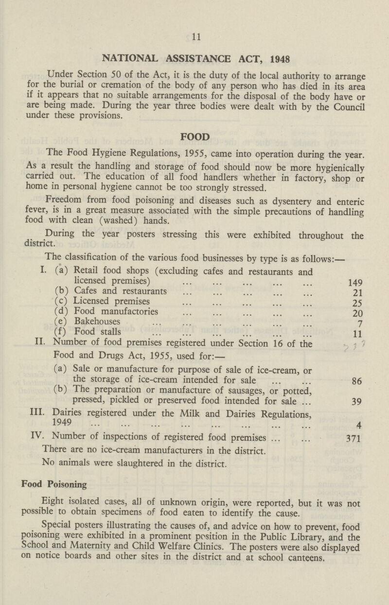 11 NATIONAL ASSISTANCE ACT, 1948 Under Section 50 of the Act, it is the duty of the local authority to arrange for the burial or cremation of the body of any person who has died in its area if it appears that no suitable arrangements for the disposal of the body have or are being made. During the year three bodies were dealt with by the Council under these provisions. FOOD The Food Hygiene Regulations, 1955, came into operation during the year. As a result the handling and storage of food should now be more hygienically carried out. The education of all food handlers whether in factory, shop or home in personal hygiene cannot be too strongly stressed. Freedom from food poisoning and diseases such as dysentery and enteric fever, is in a great measure associated with the simple precautions of handling food with clean (washed) hands. During the year posters stressing this were exhibited throughout the district. The classification of the various food businesses by type is as follows:— I. (a) Retail food shops (excluding cafes and restaurants and licensed premises) 149 (b) Cafes and restaurants 21 (c) Licensed premises 25 (d) Food manufactories 20 (e) Bakehouses 7 (f) Food stalls 11 II. Number of food premises registered under Section 16 of the Food and Drugs Act, 1955, used for:— (a) Sale or manufacture for purpose of sale of ice-cream, or the storage of ice-cream intended for sale 86 (b) The preparation or manufacture of sausages, or potted, pressed, pickled or preserved food intended for sale 39 III. Dairies registered under the Milk and Dairies Regulations, 1949 4 IV. Number of inspections of registered food premises 371 There are no ice-cream manufacturers in the district. No animals were slaughtered in the district. Food Poisoning Eight isolated cases, all of unknown origin, were reported, but it was not possible to obtain specimens of food eaten to identify the cause. Special posters illustrating the causes of, and advice on how to prevent, food poisoning were exhibited in a prominent position in the Public Library, and the School and Maternity and Child Welfare Clinics. The posters were also displayed on notice boards and other sites in the district and at school canteens.