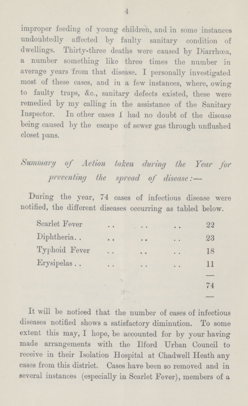 4 improper feeding of young children, and in some instances undoubtedly affected by faulty sanitary condition of dwellings. Thirty-three deaths were caused by Diarrhœa, a number something like three times the number in average years from that disease. I personally investigated most of these cases, and in a few instances, where, owing to faulty traps, &c., sanitary defects existed, these were remedied by my calling in the assistance of the Sanitary Inspector. In other cases 1 had no doubt of the disease being caused by the escape of sewer gas through unflushed closet pans. Summary of Action taken during the Year for preventing the spread of disease:— During the year, 74 cases of infectious disease were notified, the different diseases occurring as tabled below. Scarlet Fever 22 Diphtheria 23 Typhoid Fever 18 Erysipelas 11 74 It will be noticed that the number of cases of infectious diseases notified shows a satisfactory diminution. To some extent this may, I hope, be accounted for by your having made arrangements with the Ilford Urban Council to receive in their Isolation Hospital at Chadwell Heath any cases from this district. Cases have been so removed and in several instances (especially in Scarlet Fever), members of a