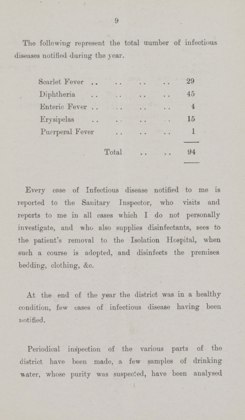 9 The following represent the total number of infectious, diseases notified during the year. Scarlet Fever 29 Diphtheria 45 Enteric Fever 4 Erysipelas 15 Puerperal Fever 1 Total 94 Every case of Infectious disease notified to me is reported to the Sanitary Inspector, who visits and reports to me in all cases which I do not personally investigate, and who also supplies disinfectants, sees to the patient's removal to the Isolation Hospital, when such a course is adopted, and disinfects the premises bedding, clothing, &c. At the end of the year the district was in a healthy condition, few cases of infectious disease having been notified. Periodical inspection of the various parts of the district have been made, a few samples of drinking water, whose purity was suspected, have been analysed