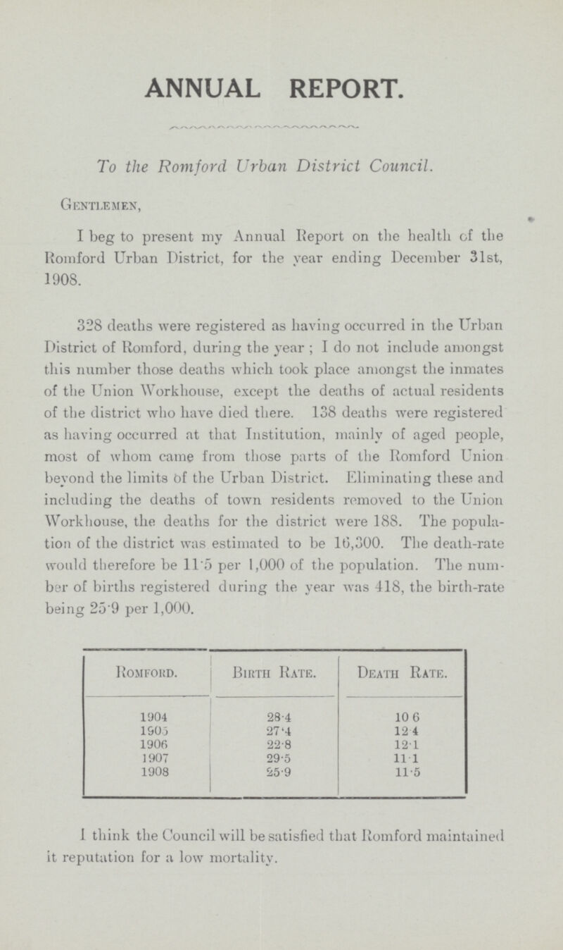 1 think the Council will be satisfied that Romford maintained it reputation for a low mortality. 11.5 ANNUAL REPORT. To the Romford Urban District Council. Gentlemen, I beg to present my Annual Report on the health of the Romford Urban District, for the year ending December 31st, 1908. 328 deaths were registered as having occurred in the Urban District of Romford, during the year ; I do not include amongst this number those deaths which took place amongst the inmates of the Union Workhouse, except the deaths of actual residents of the district who have died there. 138 deaths were registered as having occurred at that Institution, mainly of aged people, most of whom came from those parts of the Romford Union beyond the limits of the Urban District. Eliminating these and including the deaths of town residents removed to the Union Workhouse, the deaths for the district were 188. The popula tion of the district was estimated to be l6,300. The death-rate would therefore be 11.5 per 1,000 of the population. Romford. Birth Rate. Death Rate. 1904 28.4 10 6 1905 27.4 12.4 1906 22.8 12.1 1907 29.5 11.1 1908 25.9 The num ber of births registered during the year was 418, the birth-rate being 25 9 per 1,000.