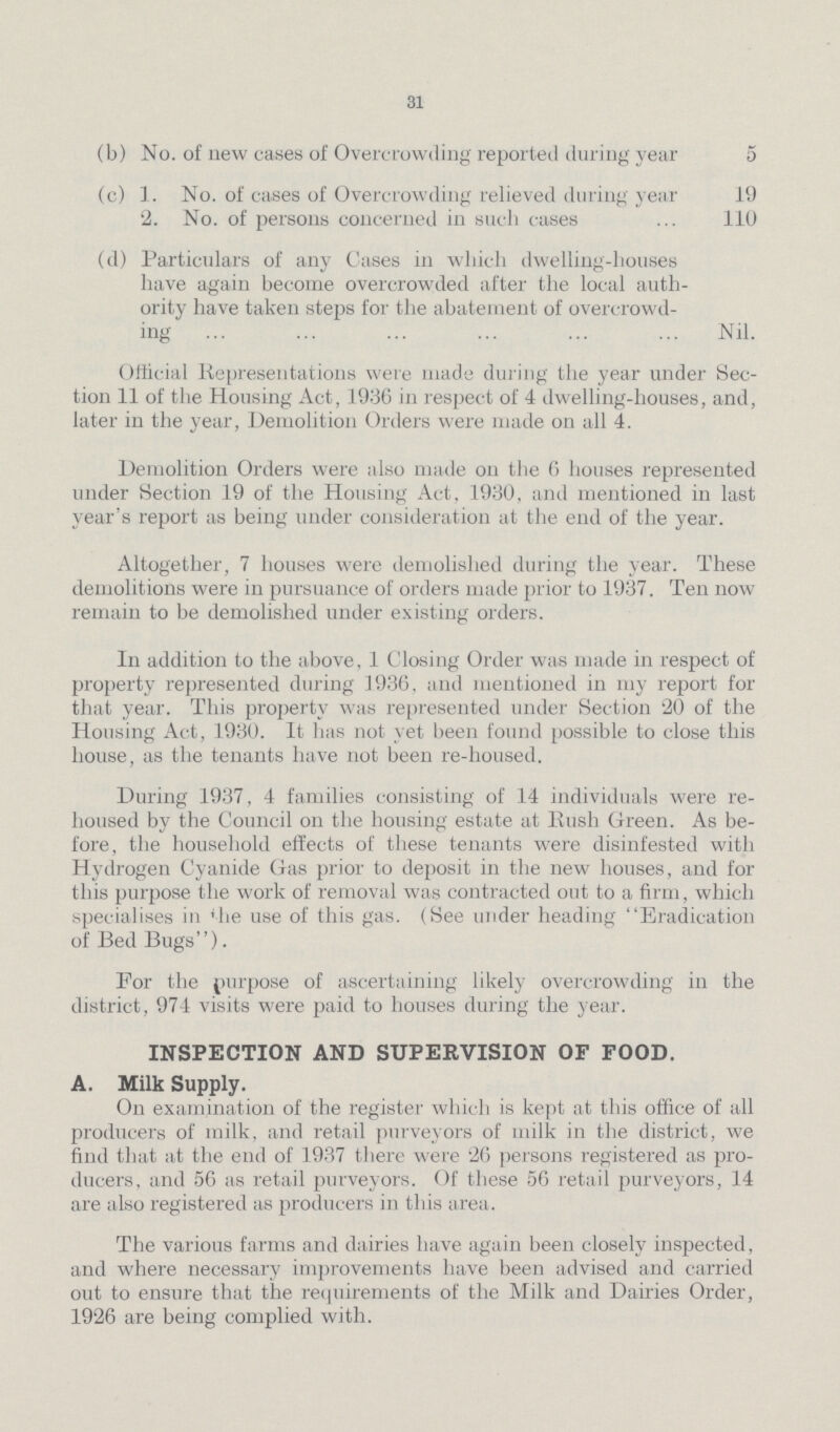 31 (b) No. of new cases of Overcrowding reported during year 5 (c) 1. No. of cases of Overcrowding relieved during year 19 2. No. of persons concerned in such cases 110 (d) Particulars of any Cases in which dwelling-houses have again become overcrowded after the local auth ority have taken steps for the abatement of overcrowd ing Nil. Official Representations were made during the year under Sec tion 11 of the Housing Act, 1936 in respect of 4 dwelling-houses, and, later in the year, Demolition Orders were made on all 4. Demolition Orders were also made on the 6 houses represented under Section 19 of the Housing Act, 1930, and mentioned in last year's report as being under consideration at the end of the year. Altogether, 7 houses were demolished during the year. These demolitions were in pursuance of orders made prior to 1937. Ten now remain to be demolished under existing orders. In addition to the above, 1 Closing Order was made in respect of property represented during 1936, and mentioned in my report for that year. This property was represented under Section 20 of the Housing Act, 1930. It has not yet been found possible to close this house, as the tenants have not been re-housed. During 1937, 4 families consisting of 14 individuals were re housed by the Council on the housing estate at Rush Green. As be fore, the household effects of these tenants were disinfested with Hydrogen Cyanide Gas prior to deposit in the new houses, and for this purpose the work of removal was contracted out to a firm, which specialises in the use of this gas. (See under heading Eradication of Bed Bugs). For the purpose of ascertaining likely overcrowding in the district, 974 visits were paid to houses during the year. INSPECTION AND SUPERVISION OF FOOD. A. Milk Supply. On examination of the register which is kept at this office of all producers of milk, and retail purveyors of milk in the district, we find that at the end of 1937 there were 26 persons registered as pro ducers, and 56 as retail purveyors. Of these 56 retail purveyors, 14 are also registered as producers in this area. The various farms and dairies have again been closely inspected, and where necessary improvements have been advised and carried out to ensure that the requirements of the Milk and Dairies Order, 1926 are being complied with.