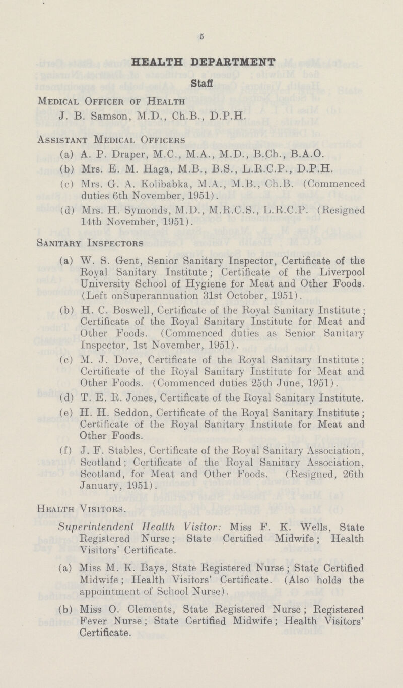 5 HEALTH DEPARTMENT Staff Medical Officer of Health J. B. Samson, M.D., Ch.B., D.P.H. Assistant Medical Officers (a) A. P. Diaper, M.C., M.A., M.D., B.Ch., B.A.O. (b) Mrs. E. M. Haga, M.B., B.S., L.R.C.P., D.P.H. (c) Mrs. G. A. Kolibabka, M.A., M.B., Ch.B. (Commenced duties 6th November, 1951). (d) Mrs. H. Symonds, M.D., M.R.C.S., L.R.C.P. (Resigned 14th November, 1951). Sanitary Inspectors (a) W. S. Gent, Senior Sanitary Inspector, Certificate of the Royal Sanitary Institute; Certificate of the Liverpool University School of Hygiene for Meat and Other Foods. (Left on Superannuation 31st October, 1951). (b) H. C. Boswell, Certificate of the Royal Sanitary Institute ; Certificate of the Royal Sanitary Institute for Meat and Other Foods. (Commenced duties as Senior Sanitary Inspector, 1st November, 1951). (c) M. J. Dove, Certificate of the Royal Sanitary Institute; Certificate of the Royal Sanitary Institute for Meat and Other Foods. (Commenced duties 25th June, 1951). (d) T. E. R. Jones, Certificate of the Royal Sanitary Institute. (e) H. H. Seddon, Certificate of the Royal Sanitary Institute; Certificate of the Royal Sanitary Institute for Meat and Other Foods. (f) J. F. Stables, Certificate of the Royal Sanitary Association, Scotland; Certificate of the Royal Sanitary Association, Scotland, for Meat and Other Foods. (Resigned, 26th January, 1951). Health Visitors. Superintendent Health Visitor: Miss F. K. Wells, State Registered Nurse; State Certified Midwife; Health Visitors' Certificate. (a) Miss M. K. Bays, State Registered Nurse; State Certified Midwife; Health Visitors' Certificate. (Also holds the appointment of School Nurse). (b) Miss O. Clements, State Registered Nurse; Registered Fever Nurse; State Certified Midwife; Health Visitors' Certificate.