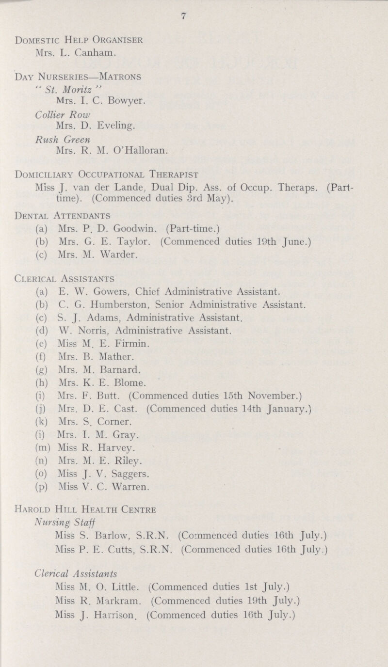 7 Domestic Help Organiser Mrs. L. Canham. Day Nurseries—Matrons St. Moritz Mrs. I. C. Bowyer. Collier Row Mrs. D. Eveling. Rush Green Mrs. R. M. O'Halloran. Domiciliary Occupational Therapist Miss J. van der Lande. Dual Dip. Ass. of Occup. Theraps. (Part time). (Commenced duties 3rd May). Dental Attendants (a) Mrs. P. D. Goodwin. (Part-time.) (b) Mrs. G. E. Taylor. (Commenced duties 19th June.) (c) Mrs. M. Warder. Clerical Assistants (a) E. W. Gowers, Chief Administrative Assistant. (b) C. G. Humberston, Senior Administrative Assistant. (c) S. J. Adams, Administrative Assistant. (d) W. Norris, Administrative Assistant. (e) Miss M. E. Firmin. (f) Mrs. B. Mather. (g) Mrs. M. Barnard. (h) Mrs. K. E. Blome. (i) Mrs. F. Butt. (Commenced duties 15th November.) (j) Mrs. D. E. Cast. (Commenced duties 14th January.) (k) Mrs. S. Corner. (i) Mrs. I. M. Gray. (m) Miss R. Harvey. (n) Mrs. M. E. Riley. (o) Miss J. V. Saggers. (p) Miss V. C. Warren. Harold Hill Health Centre Nursing Staff Miss S. Barlow, S.R.N. (Commenced duties 16th July.) Miss P. E. Cutts, S.R.N. (Commenced duties 16th July.) Clerical Assistants Miss M. O. Little. (Commenced duties 1st July.) Miss R. Markram. (Commenced duties 19th July.) Miss J. Harrison. (Commenced duties 16th July.)