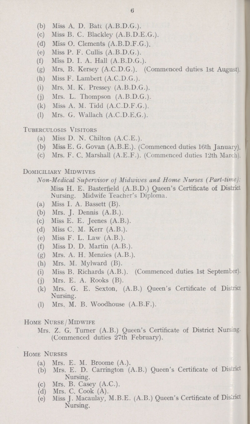 6 (b) Miss A. D. Bate (A.B.D.G.). (c) Miss B. C. Blackley (A.B.D.E.G.). (d) Miss O. Clements (A.B.D.F.G.). (e) Miss P. F. Cullis (A.B.D.G.). (f) Miss D. I. A. Hall (A.B.D.G.). (g) Mrs. B. Kersey (A.C.D.G.). (Commenced duties 1st August). (h) Miss F. Lambert (A.C.D.G.). (i) Mrs. M. K. Pressey (A.B.D.G.). (j) Mrs. L. Thompson (A.B.D.G.). (k) Miss A. M. Tidd (A.C.D.F.G.). (l) Mrs. G. Wallach (A.C.D.E.G.). Tuberculosis Visitors (a) Miss D. N. Chilton (A.C.E.). (b) Miss E. G. Govan (A.B.E.). (Commenced duties 16th January). (c) Mrs. F. C. Marshall (A.E.F.). (Commenced duties l2th March). Domiciliary Midwives Non-Medical Supervisor of Midwives and Home Nurses (Part-time): Miss H. E. Basterfield (A.B.D.) Queen's Certificate of District Nursing. Midwife Teacher's Diploma. (a) Miss I. A. Bassett (B). (b) Mrs. J. Dennis (A.B.). (c) Miss E. E. Jeenes (A.B.). (d) Miss C. M. Kerr (A.B.). (e) Miss F. L. Law (A.B.). (f) Miss D. D. Martin (A.B.). (g) Mrs. A. H. Menzies (A.B.). (h) Mrs. M. Mylward (B). (i) Miss B. Richards (A.B.). (Commenced duties 1st September). (j) Mrs. E. A. Rooks (B). (k) Mrs. G. E. Sexton, (A.B.) Queen's Certificate of District Nursing. (1) Mrs. M. B. Woodhouse (A.B.F.). Home Nurse/Midwife Mrs. Z. G. Turner (A.B.) Queen's Certificate of District Nursing. (Commenced duties 27th February). Home Nurses (a) Mrs. E. M. Broome (A.). (b) Mrs. E. D. Carrington (A.B.) Queen's Certificate of District Nursing. (c) Mrs. B. Casey (A.C.). (d) Mrs. C. Cook (A). (e) Miss J. Macaulay, M.B.E. (A.B.) Queen's Certificate of District Nursing.