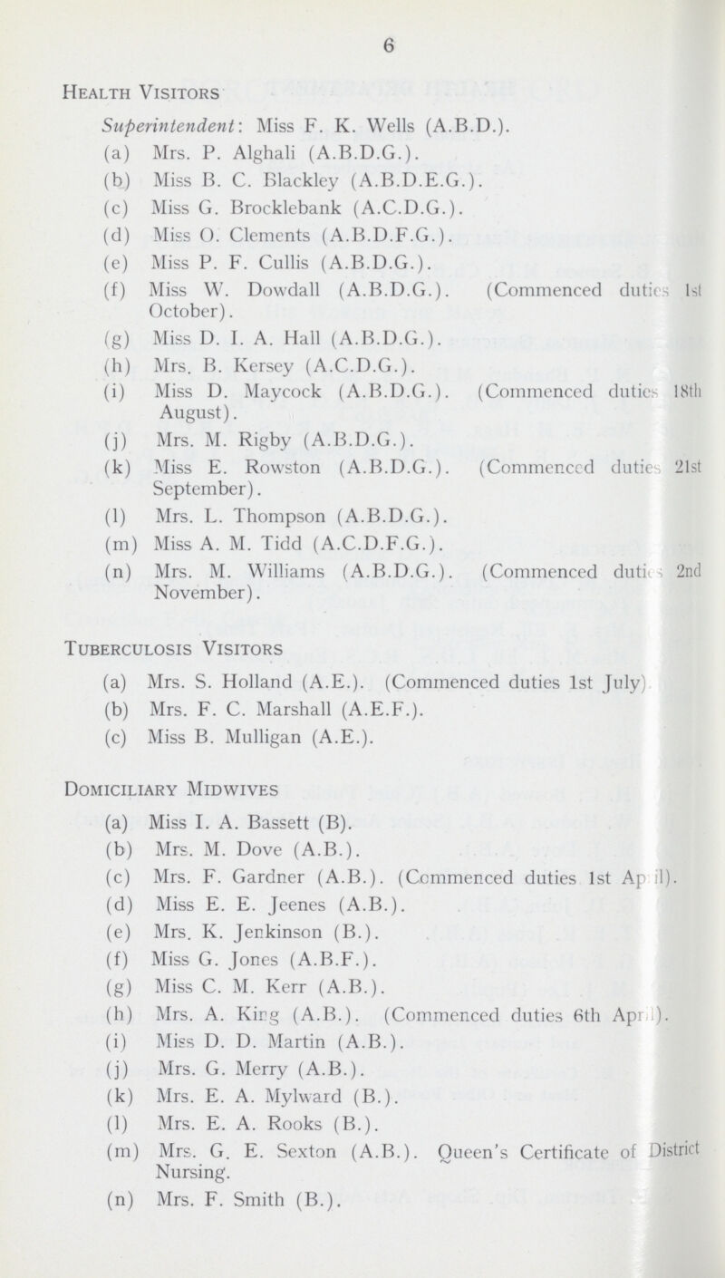 6 Health Visitors Superintendent: Miss F. K. Wells (A.B.D.). (a) Mrs. P. Alghali (A.B.D.G.). (b) Miss B. C. Blackley (A.B.D.E.G.). (c) Miss G. Brocklebank (A.C.D.G.). (d) Miss O. Clements (A.B.D.F.G.). (e) Miss P. F. Cullis (A.B.D.G.). (f) Miss W. Dowdall (A.B.D.G.). (Commenced duties 1st October). (g) Miss D. I. A. Hall (A.B.D.G.). (h) Mrs. B. Kersey (A.C.D.G.). (i) Miss D. Maycock (A.B.D.G.). (Commenced duties 18th August). (j) Mrs. M. Rigby (A.B.D.G.). (k) Miss E. Rowston (A.B.D.G.). (Commenced duties 21st September). (1) Mrs. L. Thompson (A.B.D.G.). (m) Miss A. M. Tidd (A.C.D.F.G.). (n) Mrs. M. Williams (A.B.D.G.). (Commenced duties 2nd November). Tuberculosis Visitors (a) Mrs. S. Holland (A.E.). (Commenced duties 1st July) (b) Mrs. F. C. Marshall (A.E.F.). (c) Miss B. Mulligan (A.E.). Domiciliary Midwives (a) Miss I. A. Bassett (B). (b) Mrs. M. Dove (A.B.). (c) Mrs. F. Gardner (A.B.). (Commenced duties 1st April). (d) Miss E. E. Jeenes (A.B.). (e) Mrs. K. Jenkinson (B.). (f) Miss G. Jones (A.B.F.). (g) Miss C. M. Kerr (A.B.). (h) Mrs. A. Kirg (A.B.). (Commenced duties 6th April). (i) Miss D. D. Martin (A.B.). (j) Mrs. G. Merry (A.B.). (k) Mrs. E. A. Mylward (B.). (1) Mrs. E. A. Rooks (B.). (m) Mrs. G. E. Sexton (A.B.). Queen's Certificate of District Nursing. (n) Mrs. F. Smith (B.).
