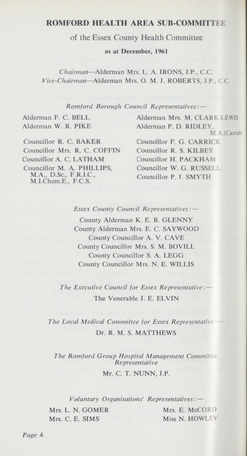 ROMFORD HEALTH AREA SUB-COMMITTEE of the Essex County Health Committee as at Dccembcr, 1961 Chairman—Alderman Mrs. L. A. IRONS, J.P., C.C. Vice-Chairman—Alderman Mrs. O. M. J. ROBERTS, J.P., C.C. Romford Borough Council Representatives:— Alderman F. C. BELL Alderman Mrs. M. CLARK-LEWIS Alderman W. R. PIKE Alderman P. D. RIDLEY, M.A.(Cantab) Councillor R. C. BAKER Councillor F. G. CARRICK Councillor Mrs. R. C. COFFIN Councillor R. S. KILBEY Councillor A. C. LATHAM Councillor H. PACKHAM Councillor M. A. PHILLIPS, Councillor W. G. RUSSELL M.A., D.Sc., F.RT.C., Councillor P. J. SMYTH M.I.Chem.E., F.C.S. Essex County Council Representatives:— County Alderman K. E. B. GLENNY County Alderman Mrs. E. C. SAYWOOD County Councillor A. V. CAVE County Councillor Mrs. S. M. BOVILL County Councillor S. A. LEGG County Councillor Mrs. N. E. WILLIS The Executive Council for Essex Representative:— The Venerable J. E. ELVIN The Local Medical Committee for Essex Representative:— Dr. R. M. S. MATTHEWS The Romford Group Hospital Management Committee Representative Mr. C. T. NUNN, J.P. Voluntary Organisations' Representatives:— Mrs. L. N. GOMER Mrs. E. McCORD Mrs. C. E. SIMS Miss N. HOWLEY Page 4