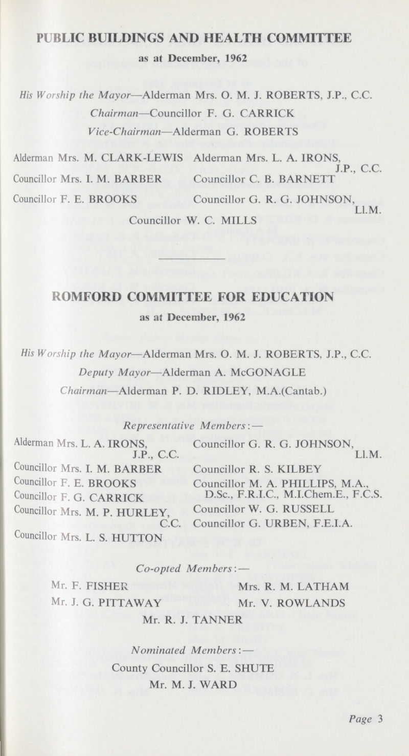 PUBLIC BUILDINGS AND HEALTH COMMITTEE as at December, 1962 His Worship the Mayor—Alderman Mrs. O. M. J. ROBERTS, J.P.. C.C. Chairman—Councillor F. G. CARRICK Vice-Chairman—Alderman G. ROBERTS Alderman Mrs. M. CLARK-LEWIS Alderman Mrs. L. A. IRONS, J.P., C.C. Councillor Mrs. I. M. BARBER Councillor C. B. BARNETT Councillor F. E. BROOKS Councillor G. R. G. JOHNSON, Ll.M. Councillor W. C. MILLS ROMFORD COMMITTEE FOR EDUCATION as at December, 1962 His Worship the Mayor—Alderman Mrs. O. M. J. ROBERTS, J.P., C.C. Deputy Mayor—Alderman A. McGONAGLE Chairman—Alderman P. D. RIDLEY, M.A.(Cantab.) Representative Members: — Alderman Mrs. L. A. IRONS, Councillor G. R. G. JOHNSON, J.P., C.C. Ll.M. Councillor Mrs. I. M. BARBER Councillor R. S. KILBEY Councillor F. E. BROOKS Councillor M. A. PHILLIPS, M.A., Councillor F. G. CARRICK D.Sc., F.R.I.C., M.I.Chem.E., F.C.S. Councillor Mrs. M. P. HURLEY, Councillor W. G. RUSSELL C.C. Councillor G. URBEN, F.E.I.A. Councillor Mrs. L. S. HUTTON Co-opted Members:— Mr. F. FISHER Mrs. R. M. LATHAM Mr. J. G. PITTAWAY Mr. V. ROWLANDS Mr. R. J. TANNER Nominated Members'.— County Councillor S. E. SHUTE Mr. M. J. WARD Page 3