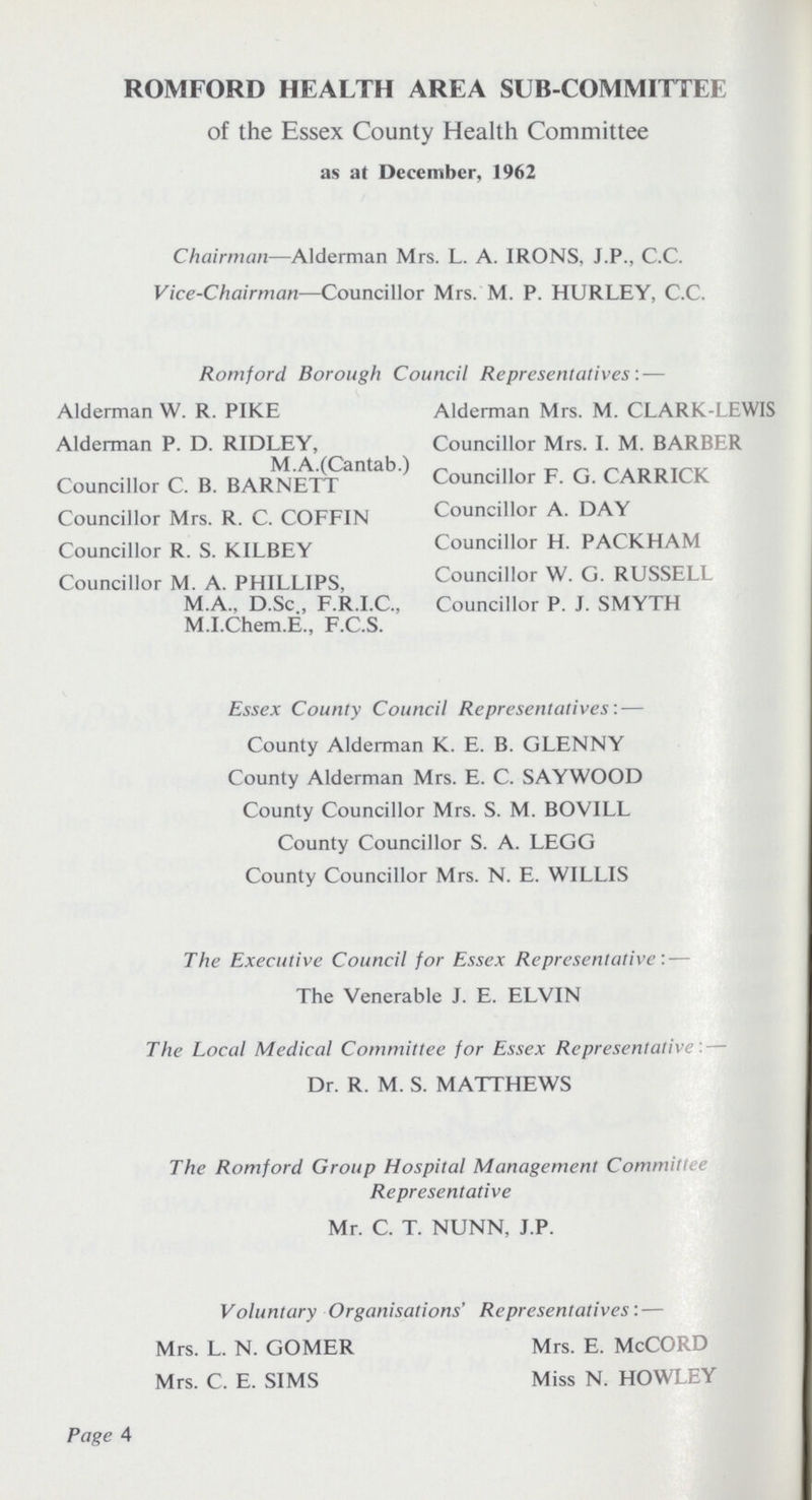 ROMFORD HEALTH AREA SUB-COMMITTEE of the Essex County Health Committee as at December, 1962 Chairman—Alderman Mrs. L. A. IRONS, J.P., C.C. Vice-Chairman—Councillor Mrs. M. P. HURLEY, C.C. Romford Borough Council Representatives:— Alderman W. R. PIKE Alderman P. D. RIDLEY, M.A.(Cantab.) Councillor C. B. BARNETT Councillor Mrs. R. C. COFFIN Councillor R. S. KILBEY Councillor M. A. PHILLIPS, M.A.. D.Sc , F.R.I.C., M.I.Chem.E., F.C.S. Alderman Mrs. M. CLARK-LEWIS Councillor Mrs. I. M. BARBER Councillor F. G. CARRICK Councillor A. DAY Councillor H. PACKHAM Councillor W. G. RUSSELL Councillor P. J. SMYTH Essex County Council Representatives: — County Alderman K. E. B. GLENNY County Alderman Mrs. E. C. SAYWOOD County Councillor Mrs. S. M. BOVILL County Councillor S. A. LEGG County Councillor Mrs. N. E. WILLIS The Executive Council for Essex Representative: — The Venerable J. E. ELVIN The Local Medical Committee for Essex Representative Dr. R. M. S. MATTHEWS The Romford Group Hospital Management Committee Representative Mr. C. T. NUNN, J.P. Voluntary Organisations' Representatives: — Mrs. L. N. GOMER Mrs. C. E. SIMS Mrs. E. McCORD Miss N. HOWLEY Page 4