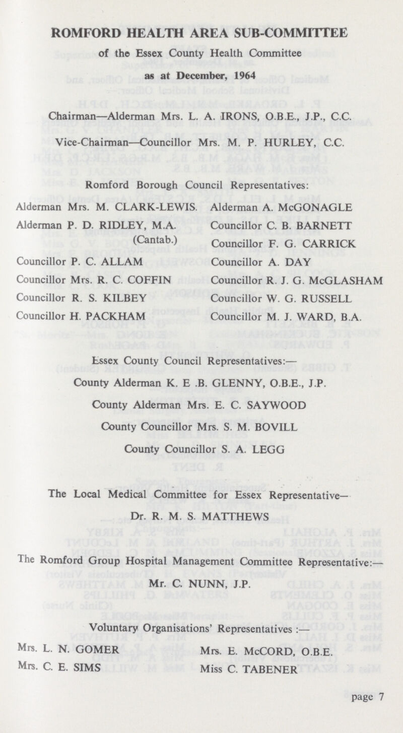 ROMFORD HEALTH AREA SUB-COMMITTEE of the Essex County Health Committee as at December, 1964 Chairman—Alderman Mrs. L. A. IRONS, O.B.E., J.P., C.C. Vice-Chairman—Councillor Mrs. M. P. HURLEY, C.C. Romford Borough Council Representatives: Alderman Mrs. M. CLARK-LEWIS. Alderman A. McGONAGLE Alderman P. D. RIDLEY, M.A. Councillor C. B. BARNETT (Cantab.) Councillor F. G. CARRICK Councillor P. C. ALLAM Councillor A. DAY Councillor Mrs. R. C. COFFIN Councillor R. J. G. McGLASHAM Councillor R. S. KILBEY Councillor W. G. RUSSELL Councillor H. PACKHAM Councillor M. J. WARD, B.A. Lssex County Council Representatives:— County Alderman K. E B. GLENNY, O.B.E., J.P. County Alderman Mrs. E. C. SAYWOOD County Councillor Mrs. S. M. BOVILL County Councillor S. A. LEGG The Local Medical Committee for Essex Representative— Dr. R. M. S. MATTHEWS The Romford Group Hospital Management Committee Representative:— Mr. C. NUNN, J.P. Voluntary Organisations' Representatives:— Mrs. L. N. GOMER Mrs. E. McCORD, O.B.E. Mrs. C. E. SIMS Miss C. TABENER page 7